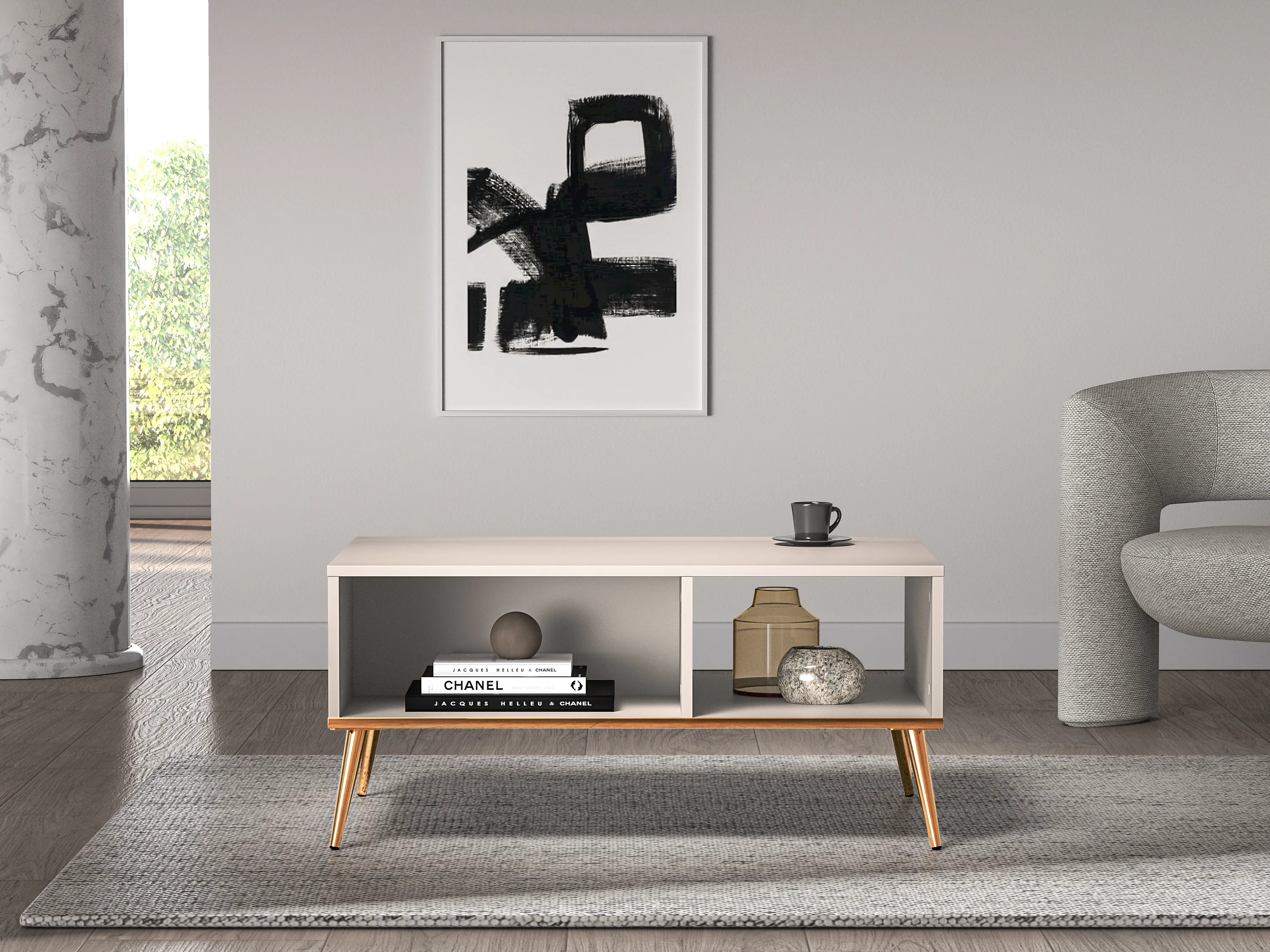 Stolik kawowy z półką SELGIN 07 kaszmirowy, złoty - 1SELG07-001