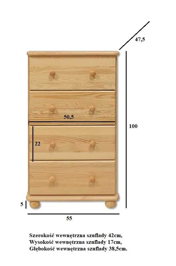 KD111_WYMIARY KD111 komoda S55 W100 G47 sosna naturalny DREWMAX - 00712