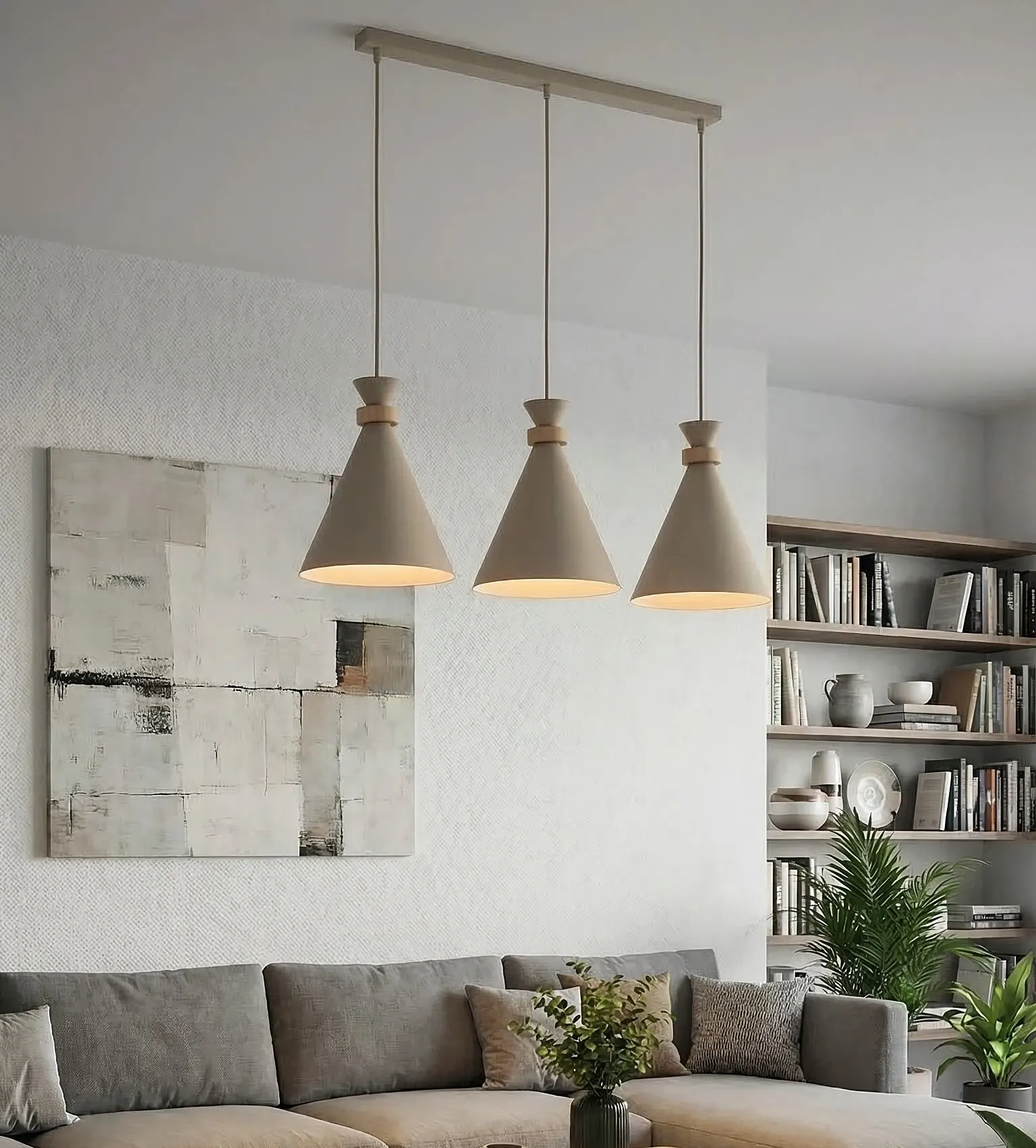 lampa wisząca, trzy lampy, kinkiet sufitowy?, lampy betonowe?, salon