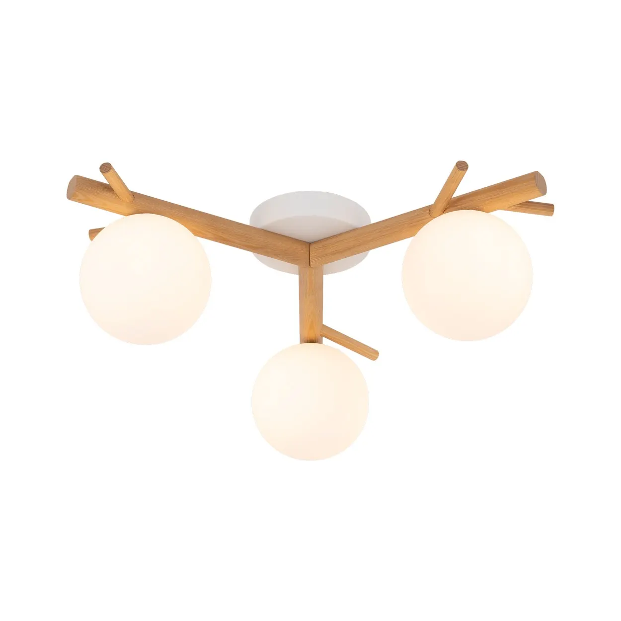 Lampa sufitowa SHERON biała z drewnianymi jasnymi ramionami okrągłe szklane klosze 46x17cm - TK_5308