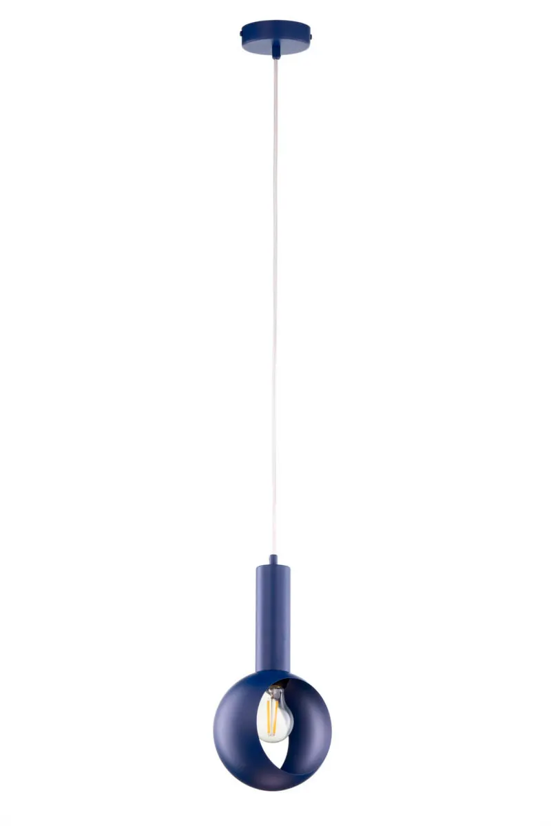 lampa wisząca, kula z otworem, kolor niebieski, żarówka LED, kabel wiszący