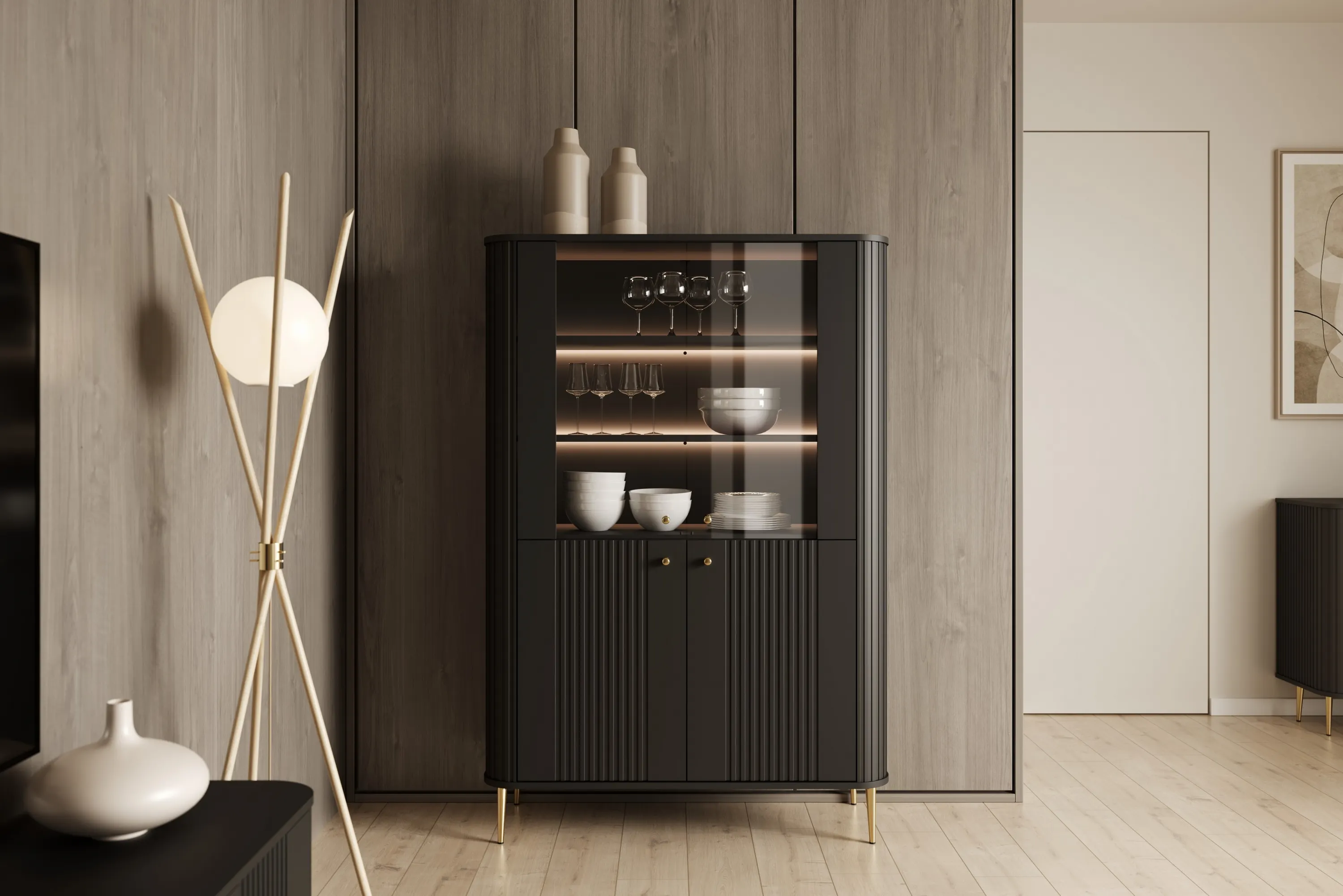 Witryna 4-drzwiowa z oświetleniem VESPER 103 ryflowany front czarny złote nogi - B_167227