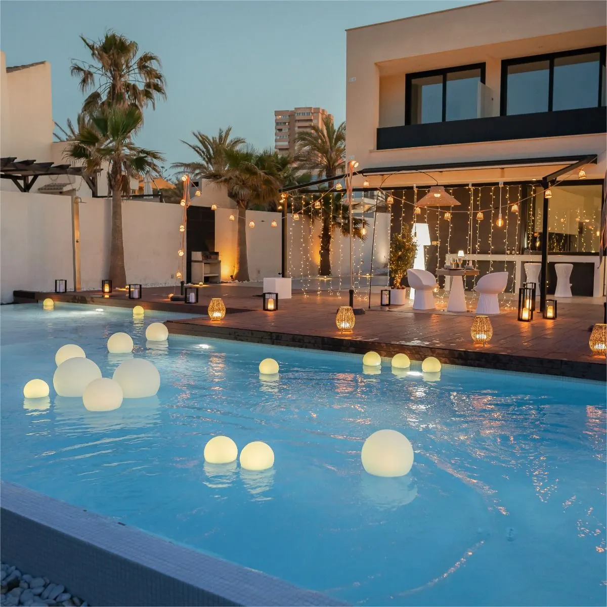 basen, lampiony, oświetlenie, dekoracja ogrodu, jakuzzi