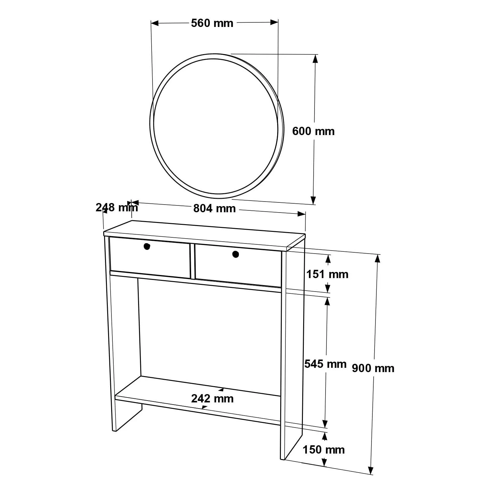 dresser, console, mirror, round mirror, furniture dimensions