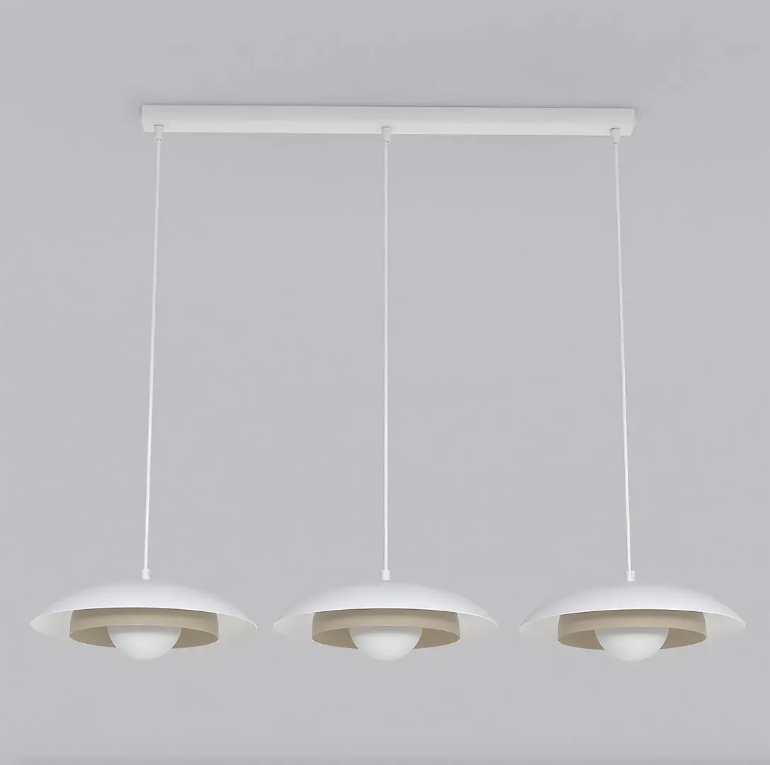 image Lampa wisząca, trzy-podwieszenia, biała, metalowy klosz, nowoczesny design