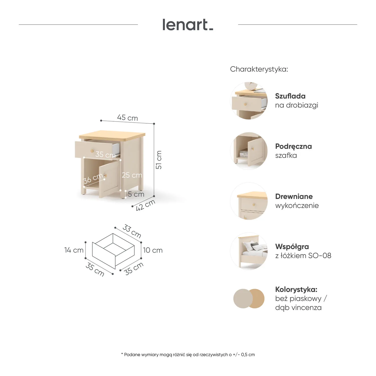 Szafka nocna 1-drzwiowa z szufladą STORY 07 beż piaskowy dąb vincenza bielony - SO7BPVB