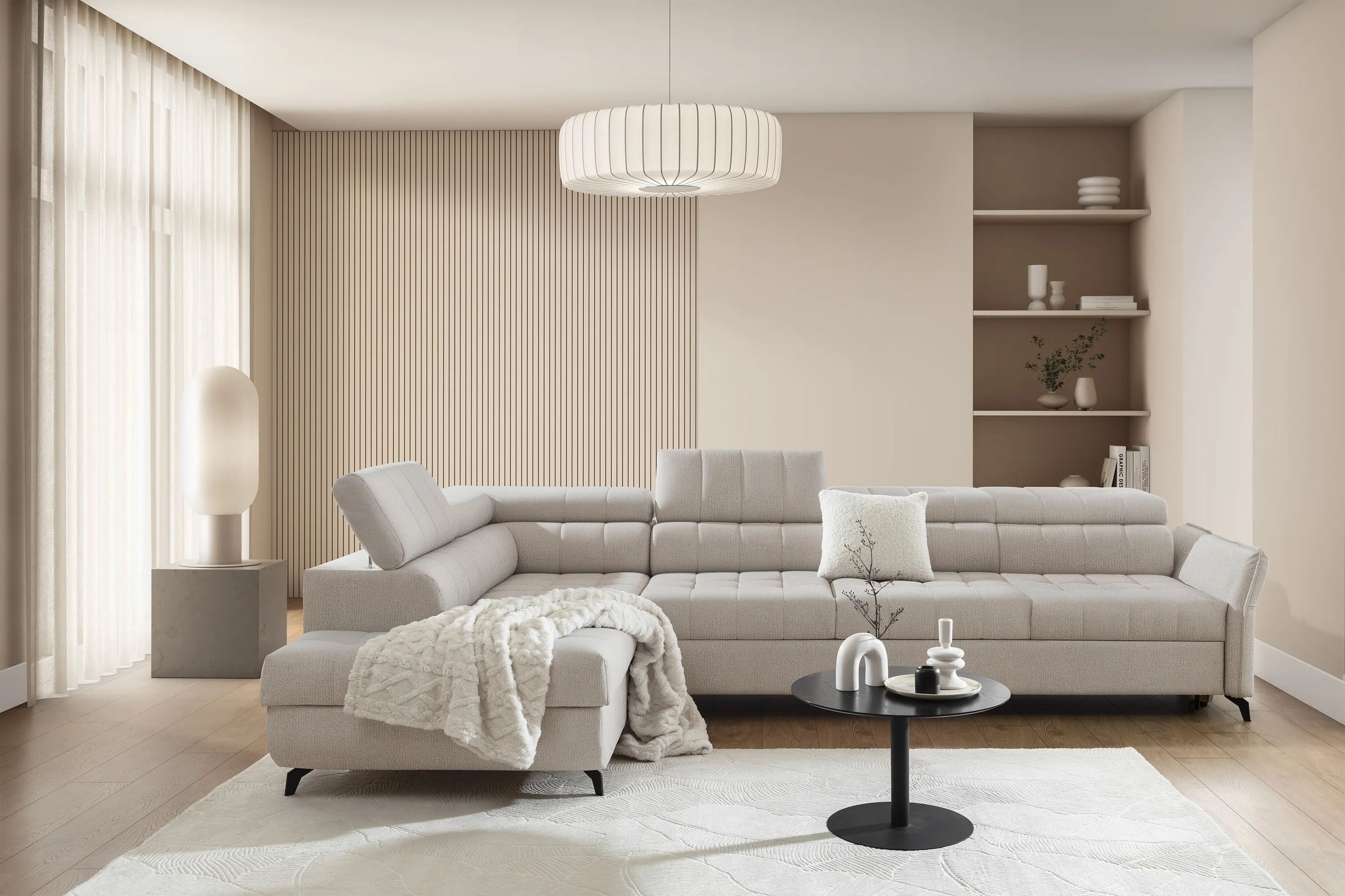 Narożnik lewostronny ELARIAS MAXI regulacja zagłówka i podłokietników tkanina Perfect harmony 07 beżowy - B_168605