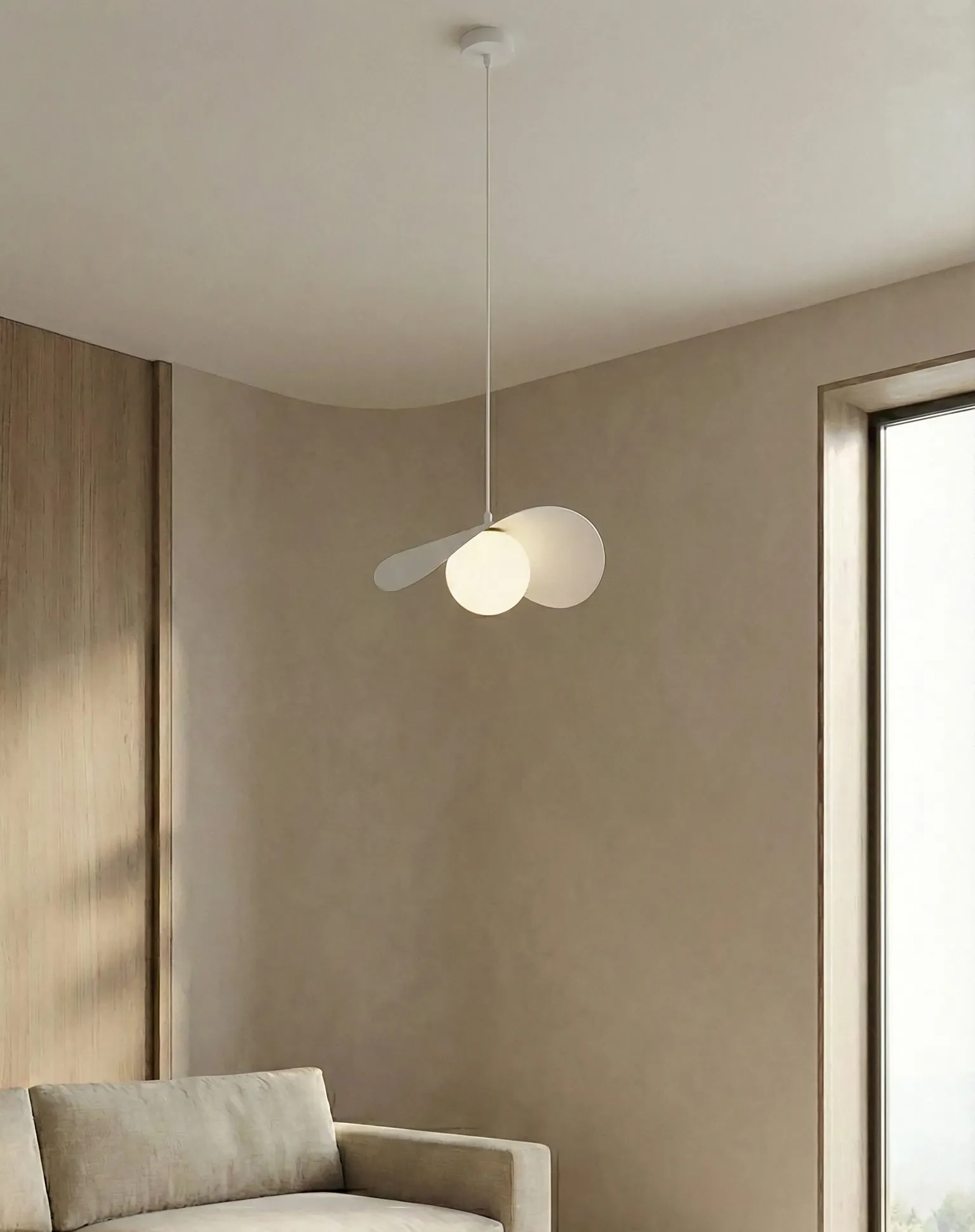 lampa wisząca, kinkiet, minimalistyczny, biały, sofa