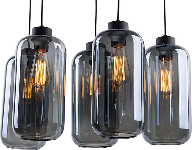 Lampa wisząca MARCO czarna na prostokątnej podstawie z szarymi szklanymi podłużnymi kloszami 120x55x30cm - TK_2079