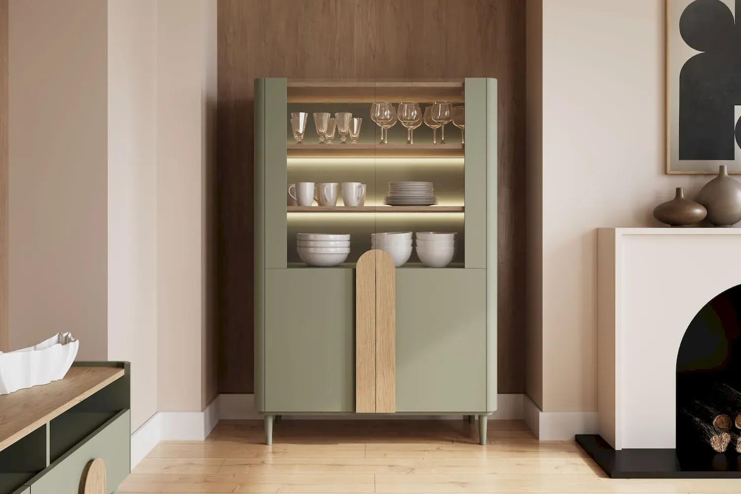 Witryna 2-drzwiowa AMILIO 100 oświetlenie LED - eukaliptus dąb baltic dune uchwyty dąb naturalny nogi eukaliptus - B_169226