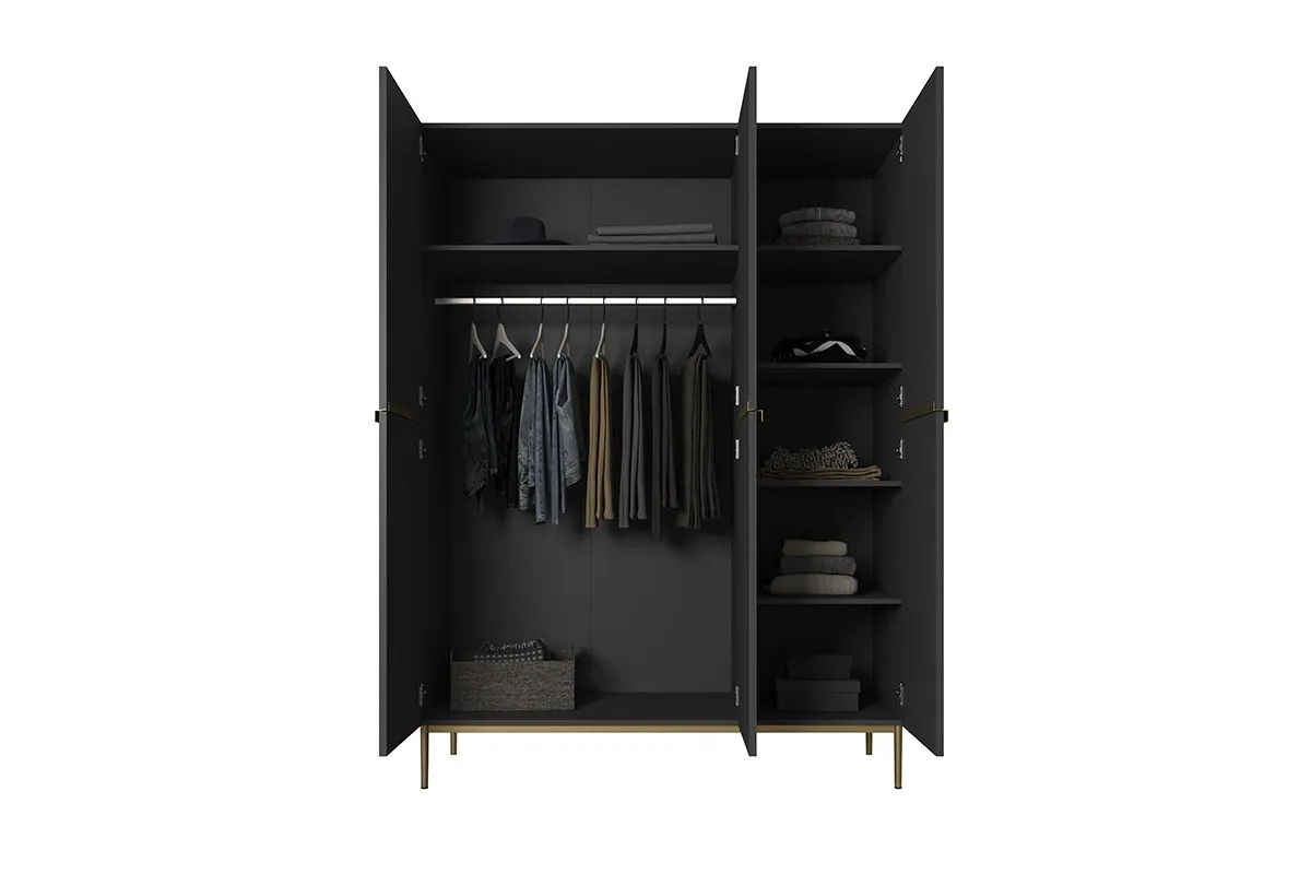 Szafa 3-drzwiowa NICOLE 150 z półkami i drążkiem - czarny mat - złoty stelaż - B_148471