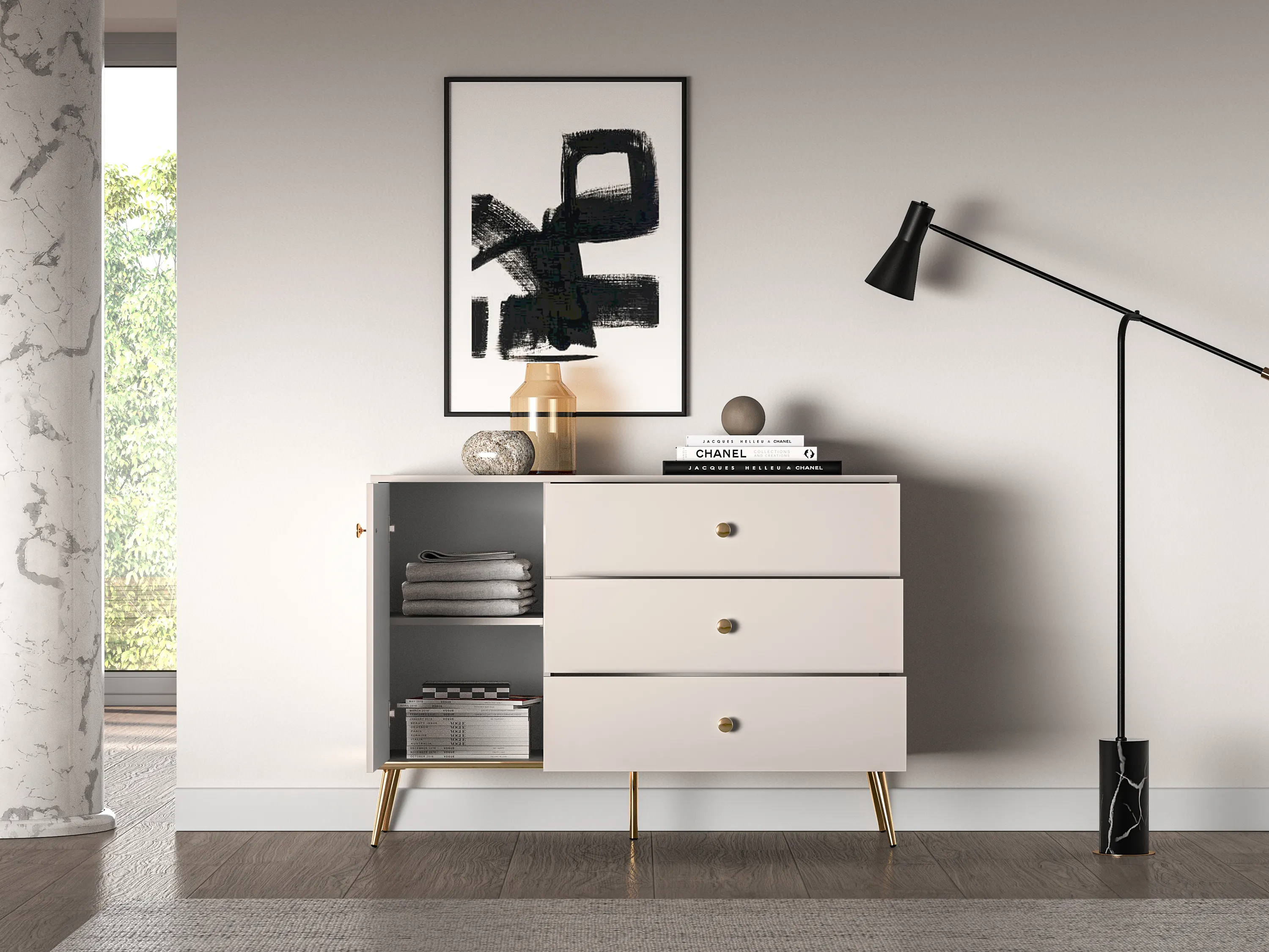 Komoda 1-drzwiowa z 3 szufladami SELGIN 04 kaszmirowy, złoty - 1SELG04-001