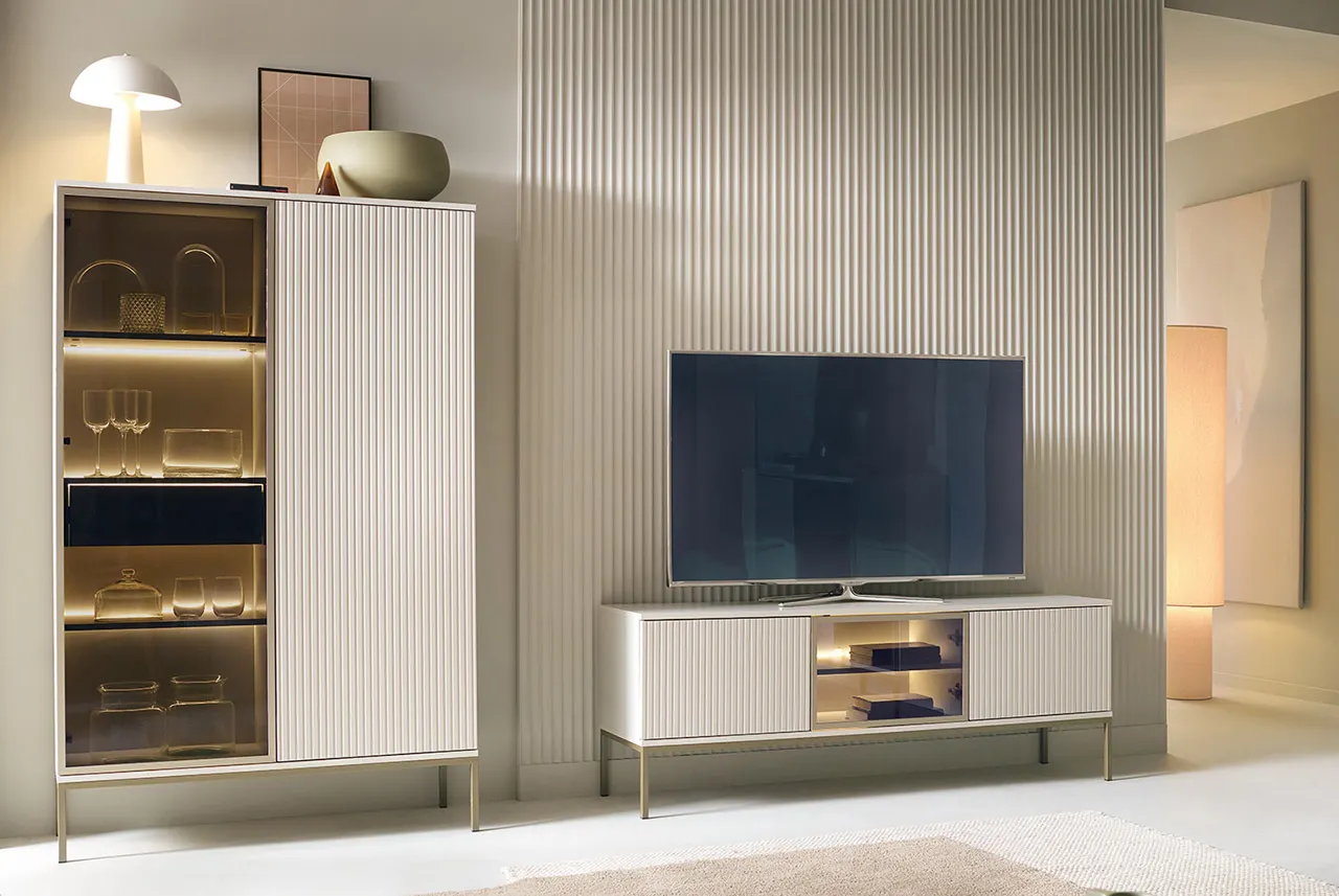 Witryna z szufladą i oświetleniem SENTO 3 pkt. LED cashmere - SENTO_WTSZ104_CASHMERE