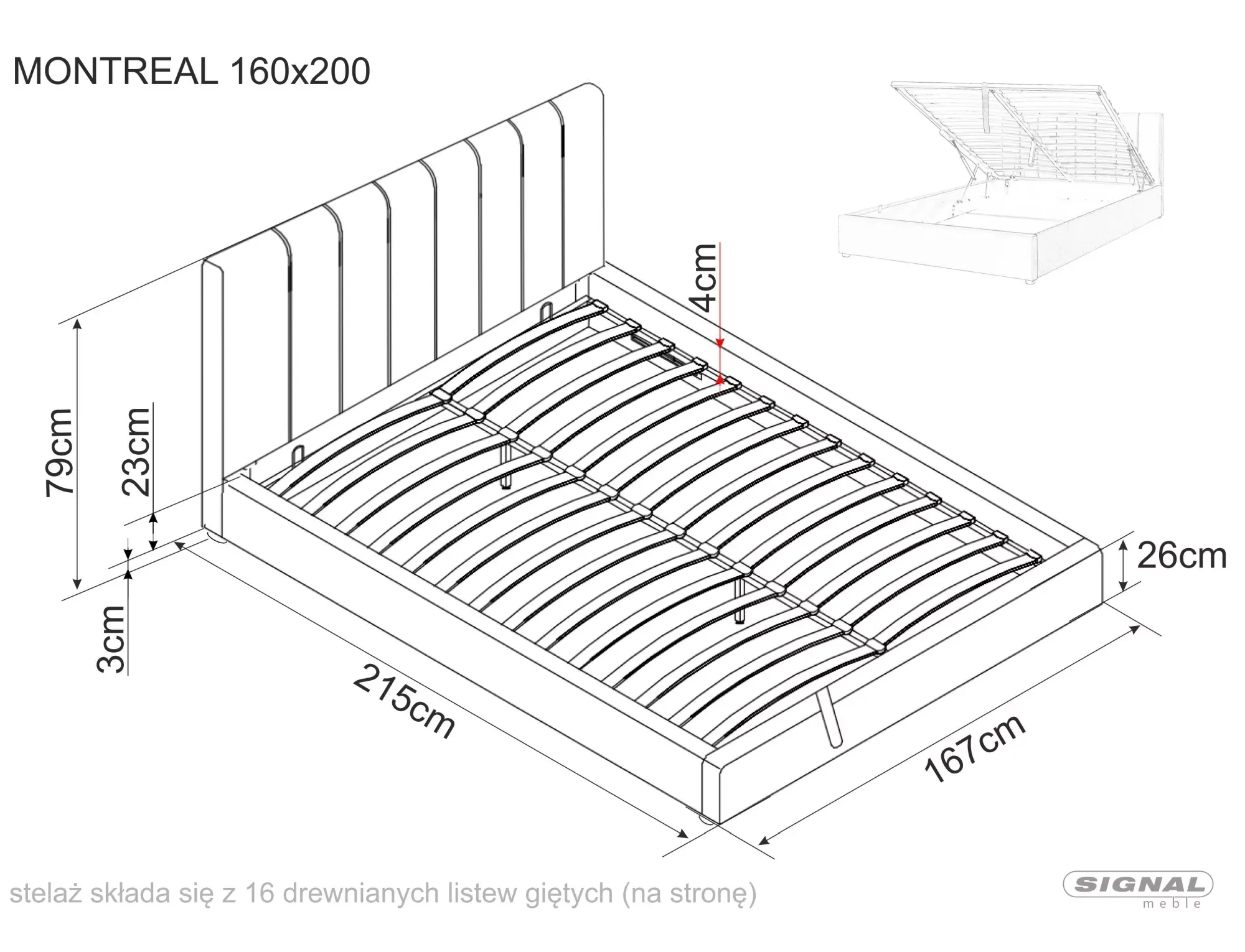 Łóżko z pojemnikiem MONTREAL VELVET 160x200 podnośnik gazowy tap.192 szary - MONTREALV160SZ