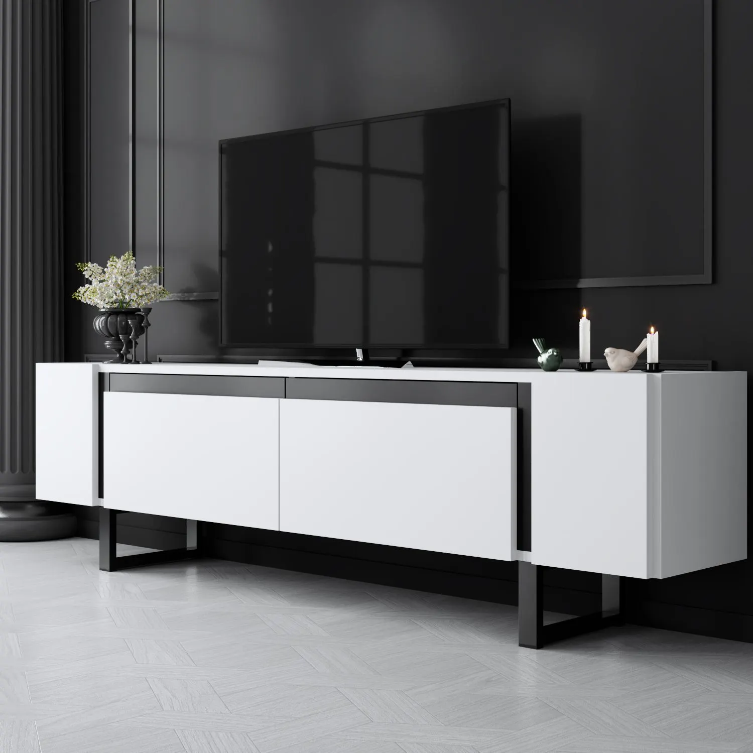 Szafka RTV z 2 klapami YILDIZ 180x30x50 cm biały czarny - ASI_618BLY1276