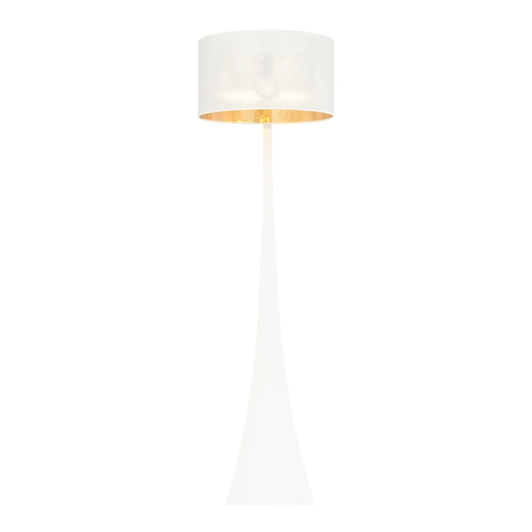 lampa stojąca, lampa podłogowa, biała, abażur perforowany, trzon/stelaż cylindryczny