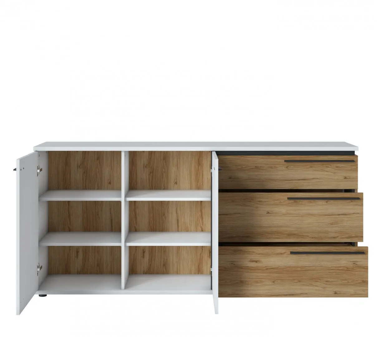 Komoda 2-drzwiowa z 3 szufladami SALINAS SAIK02 Biała, Dąb Catania, Czarny mat - 6000000010902