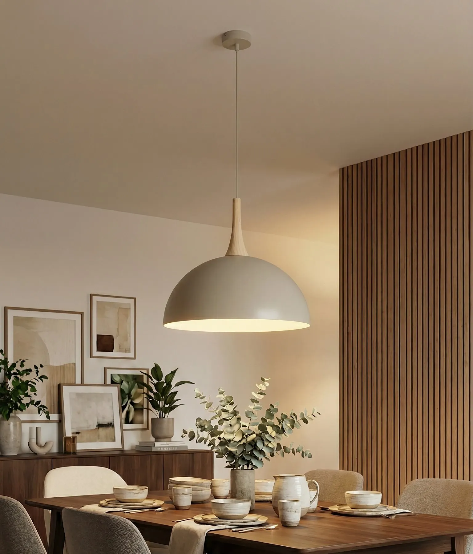 image lampa wisząca, kuchnia jadalnia, metalowy odcień, kolor kremowy, organiczny design