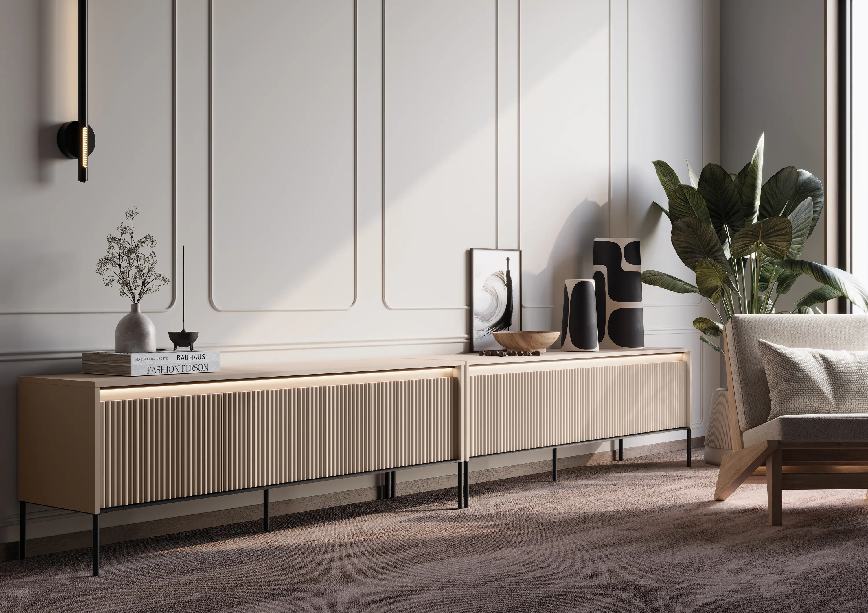 Szafka RTV z oświetleniem ryflowana TREND TR-05 4D 166cm - beż piaskowy/czarny - TR5BPC-V2