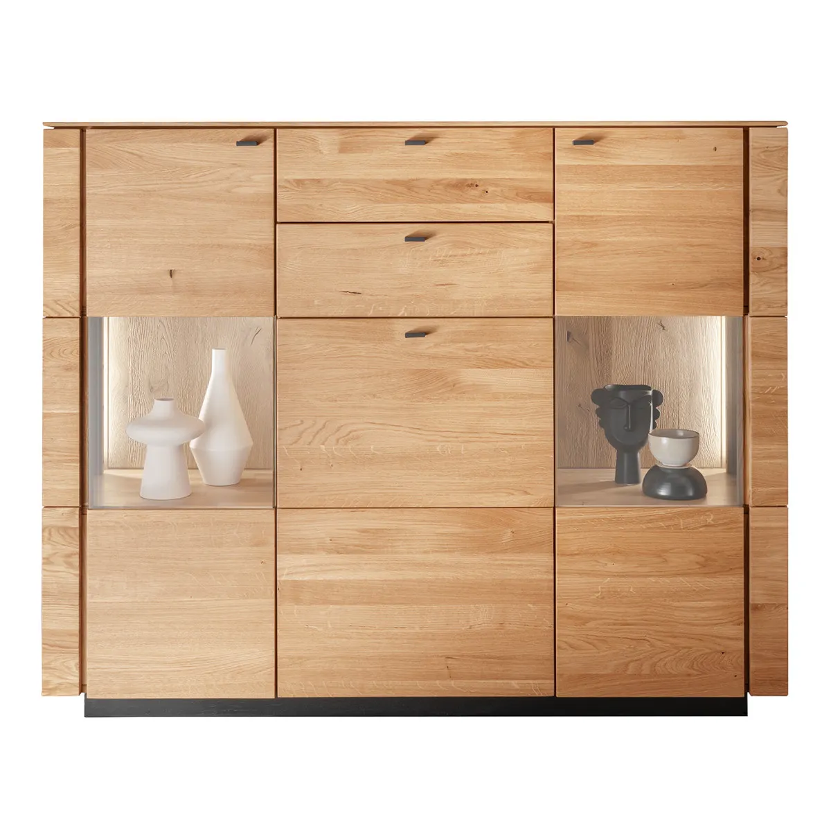 Kredens – komoda dębowa z witryną PRESENT 3-drzwiowa z 2 szufladami 158x127 i