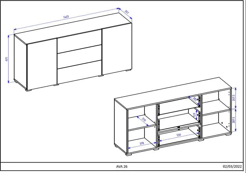 Komoda 2-drzwiowa z szufladami AVA stojąca/wisząca 140 cm biała - 249NLM26