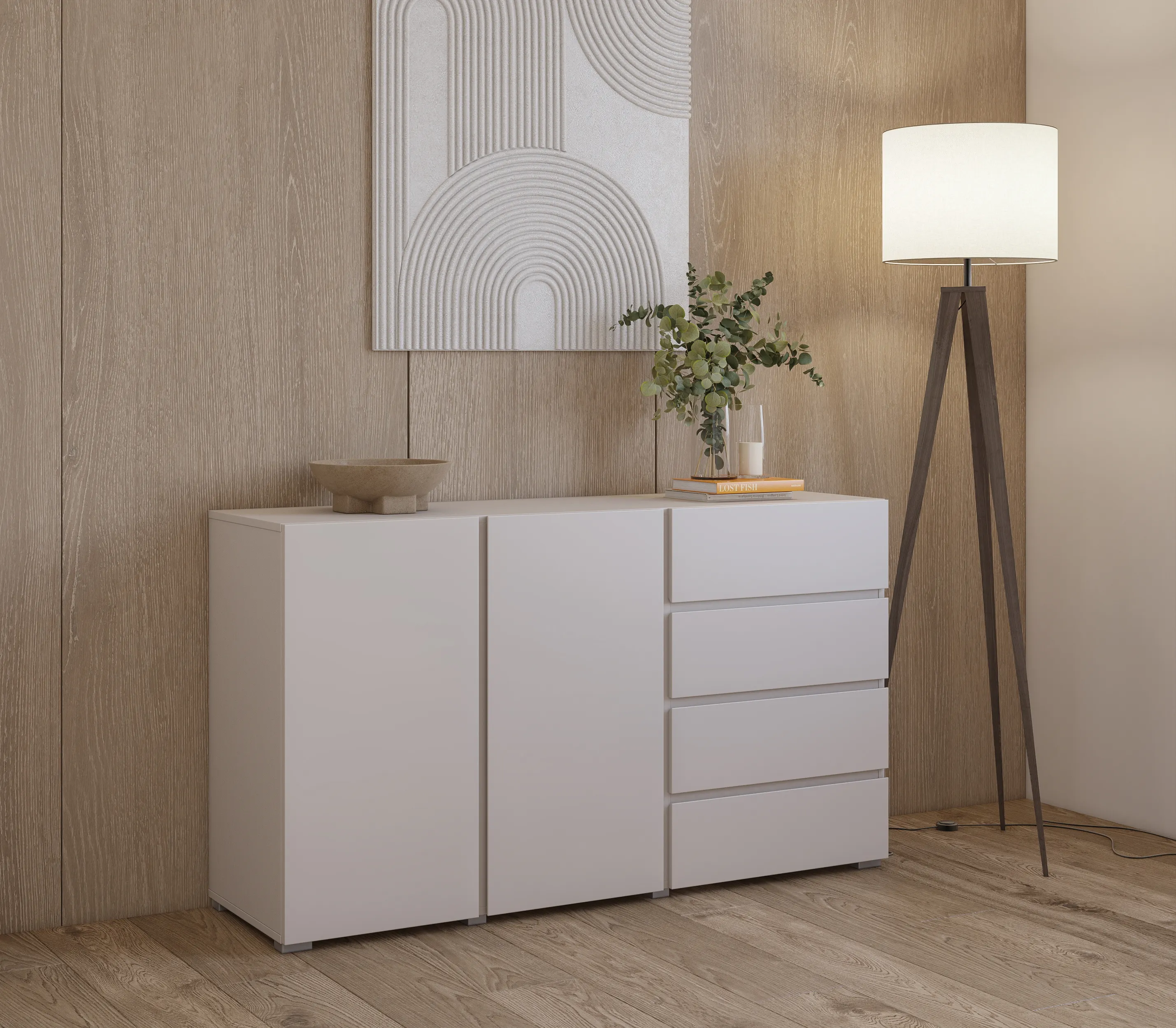 image komoda, meble, drewniana, biała, lampa stojąca