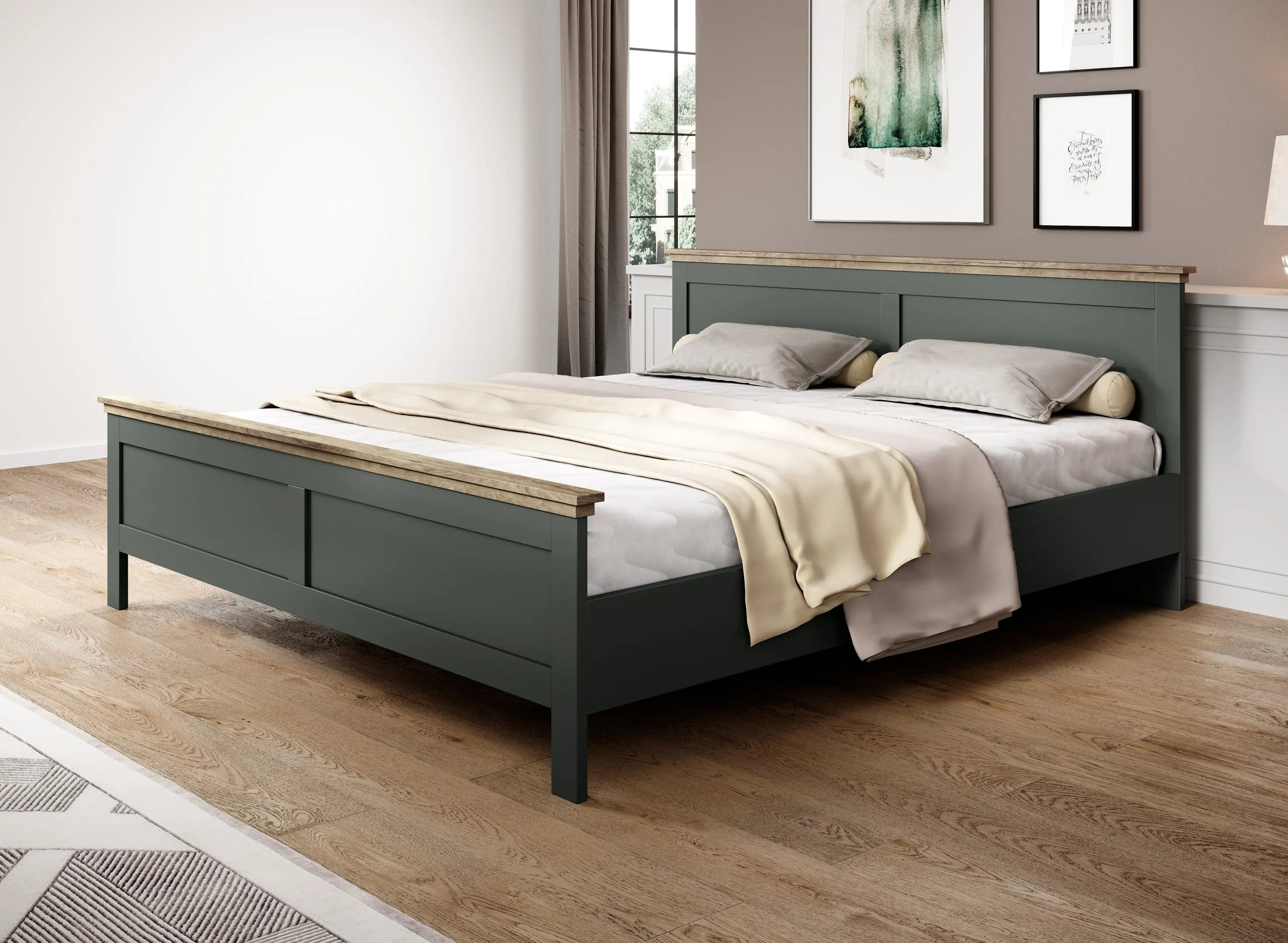 Łóżko z zagłówkiem EVORA 180x200 ciemnozielone/dąb Lefkas
