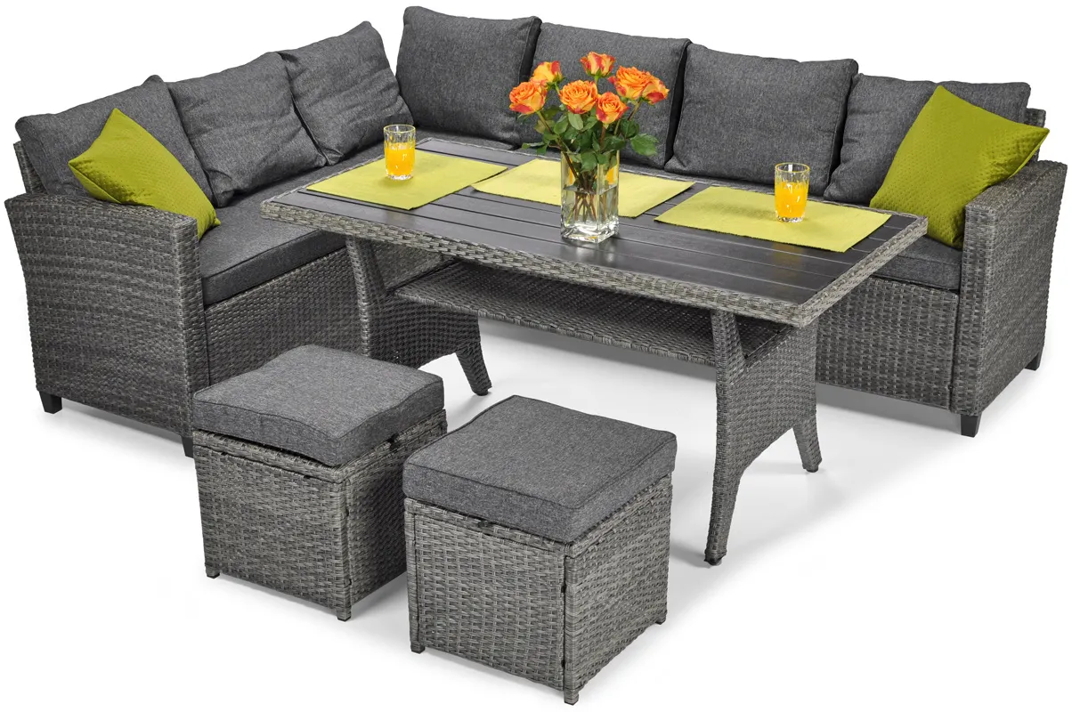 Zestaw ogrodowy z technorattanu SZTOKHOLM PLUS narożnik 180x235 cm + stół 74x144 cm + 2 pufy - grafitowy - FE5906480910592