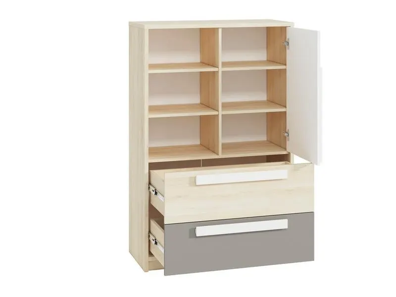 Komoda wysoka 1-drzwiowa z 2 szufladami DROP 07 buk fjord, biały, szary - 1DROP0701-001