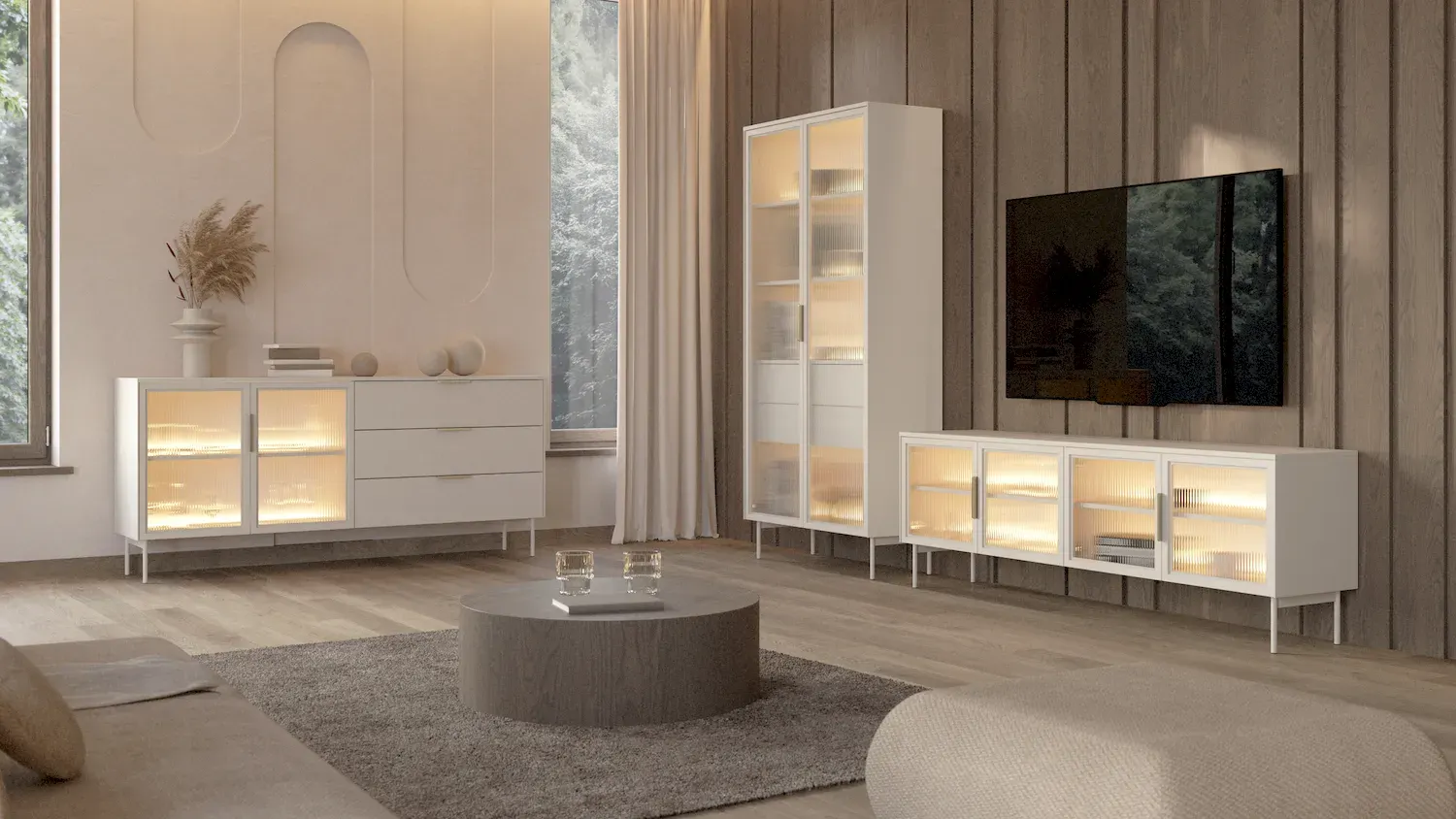 Szafka RTV z przeszkleniem 4-drzwiowa i LUMI 181cm LED kaszmir złote uchwyty - LA_LUMI_RTV_181_4D