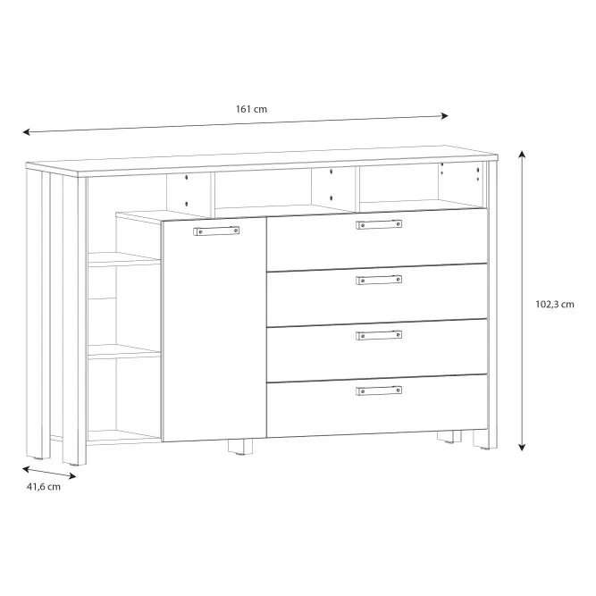Komoda CLIF 1-drzwiowa z regałem i 4 szufladami - old wood vintage, beton - CLFK352L-C546