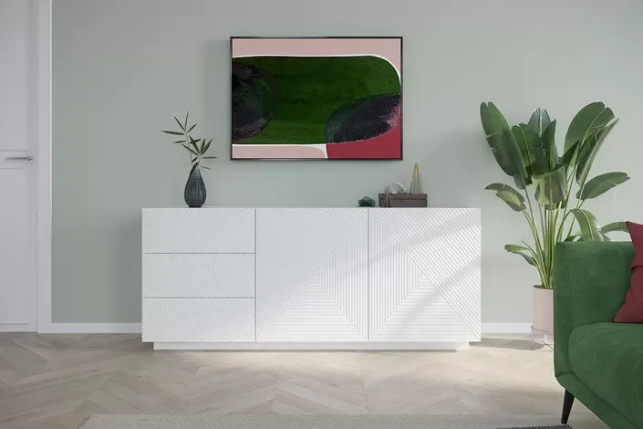 Komoda ASHA 167 z szufladami - biały mat - ryflowany front - cokół - B_57059