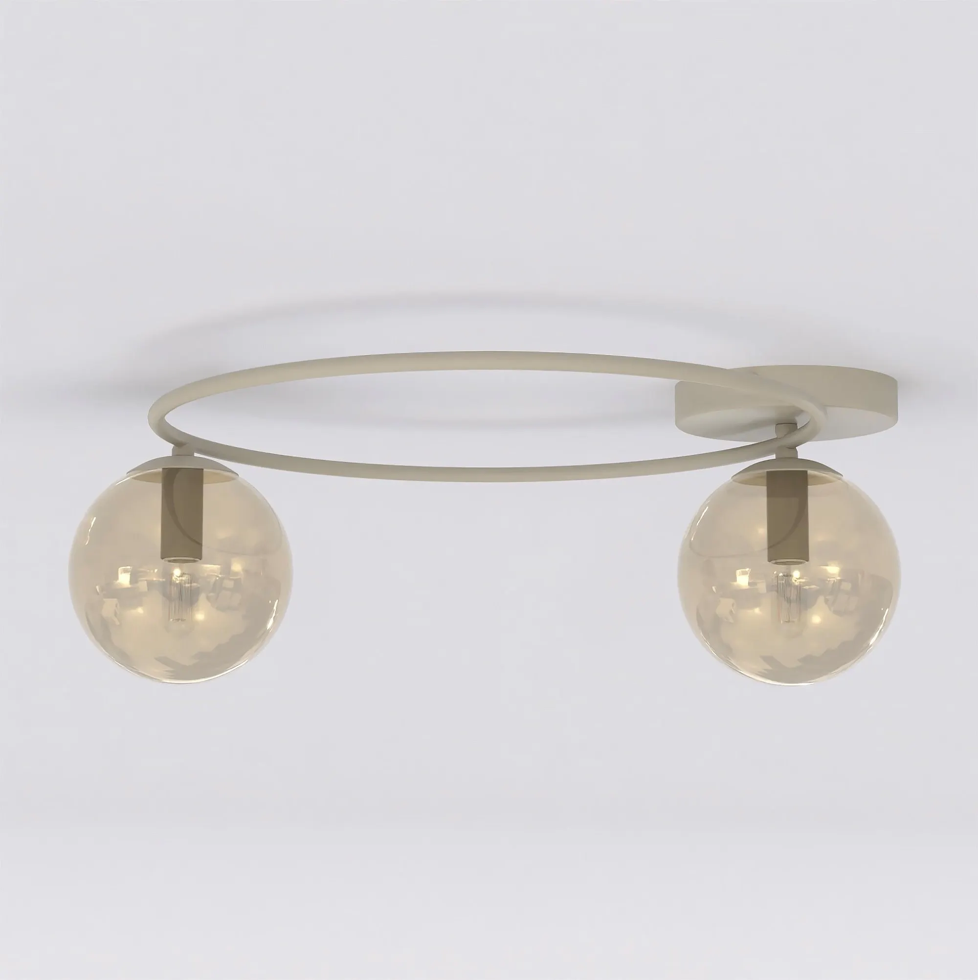 lampa sufitowa, kula szklana, podwójna lampka, metalowa oprawa, neutralny kolor