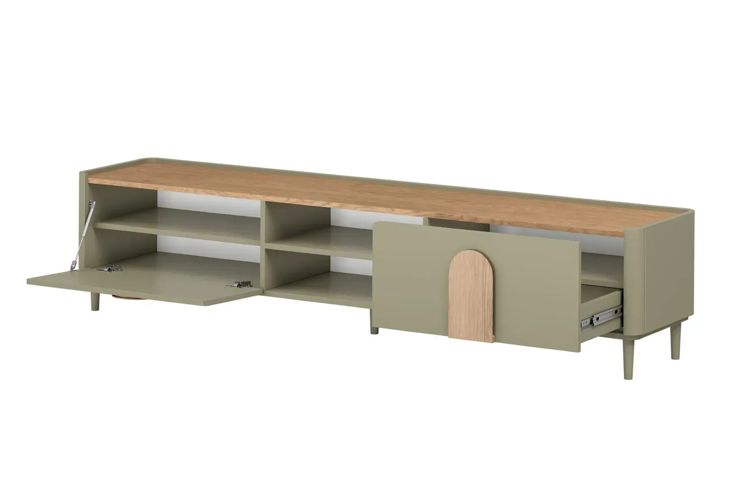 Safka RTV z klapą i szufladą AMILIO 220 - eukaliptus dąb baltic dune uchwyty dąb naturalny nogi eukaliptus - B_169228