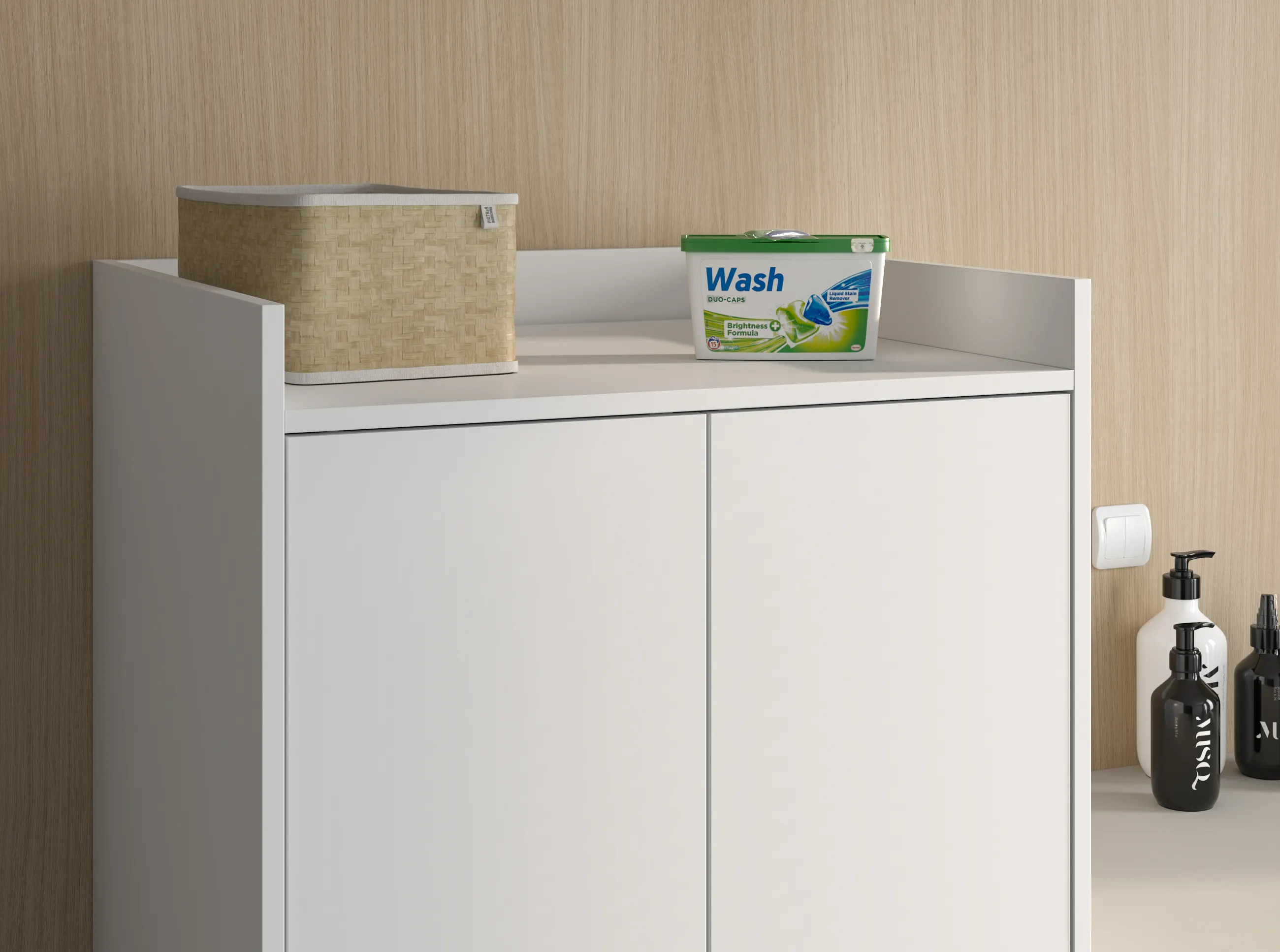 image korpus łazienkowy, szafka, kosz na pranie, płyn do mycia, biel