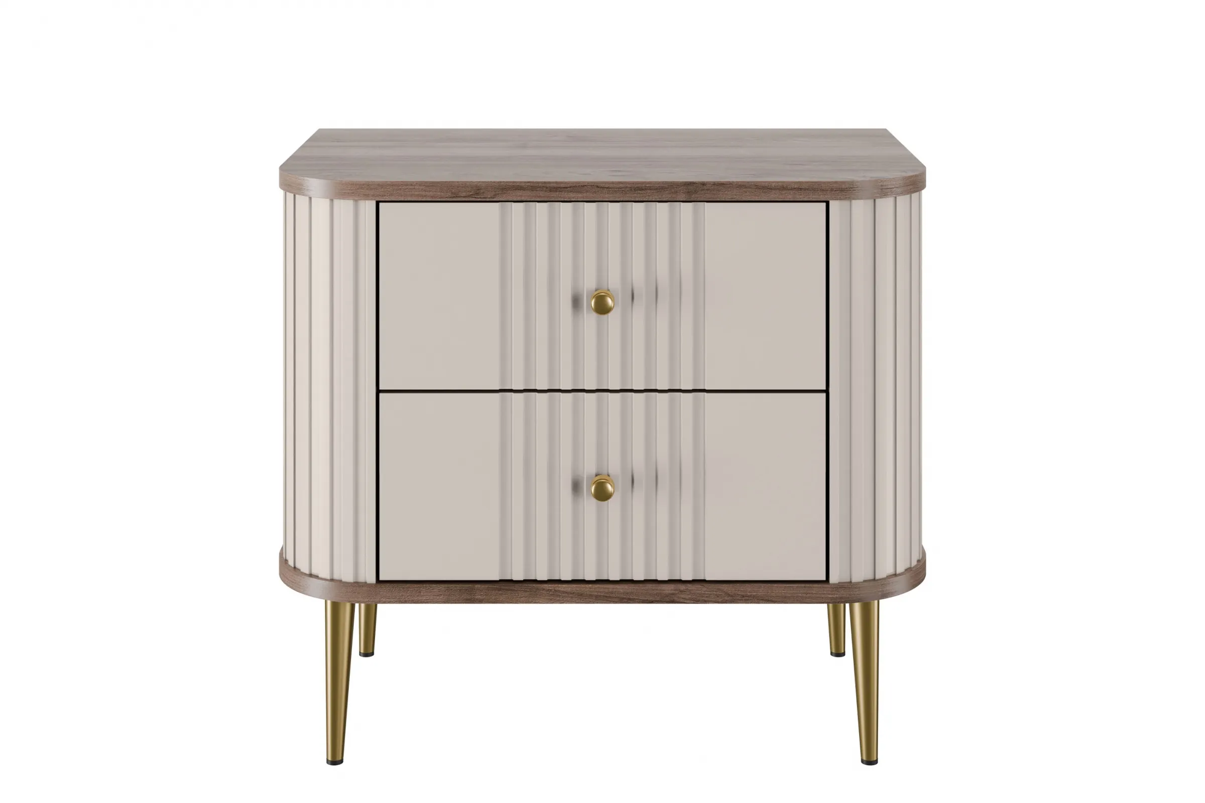 Szafka nocna z 2 szufladami VESPER 56 zestaw 2 sztuk ryflowany front cashmere mdf orzech złote nogi - B_163836