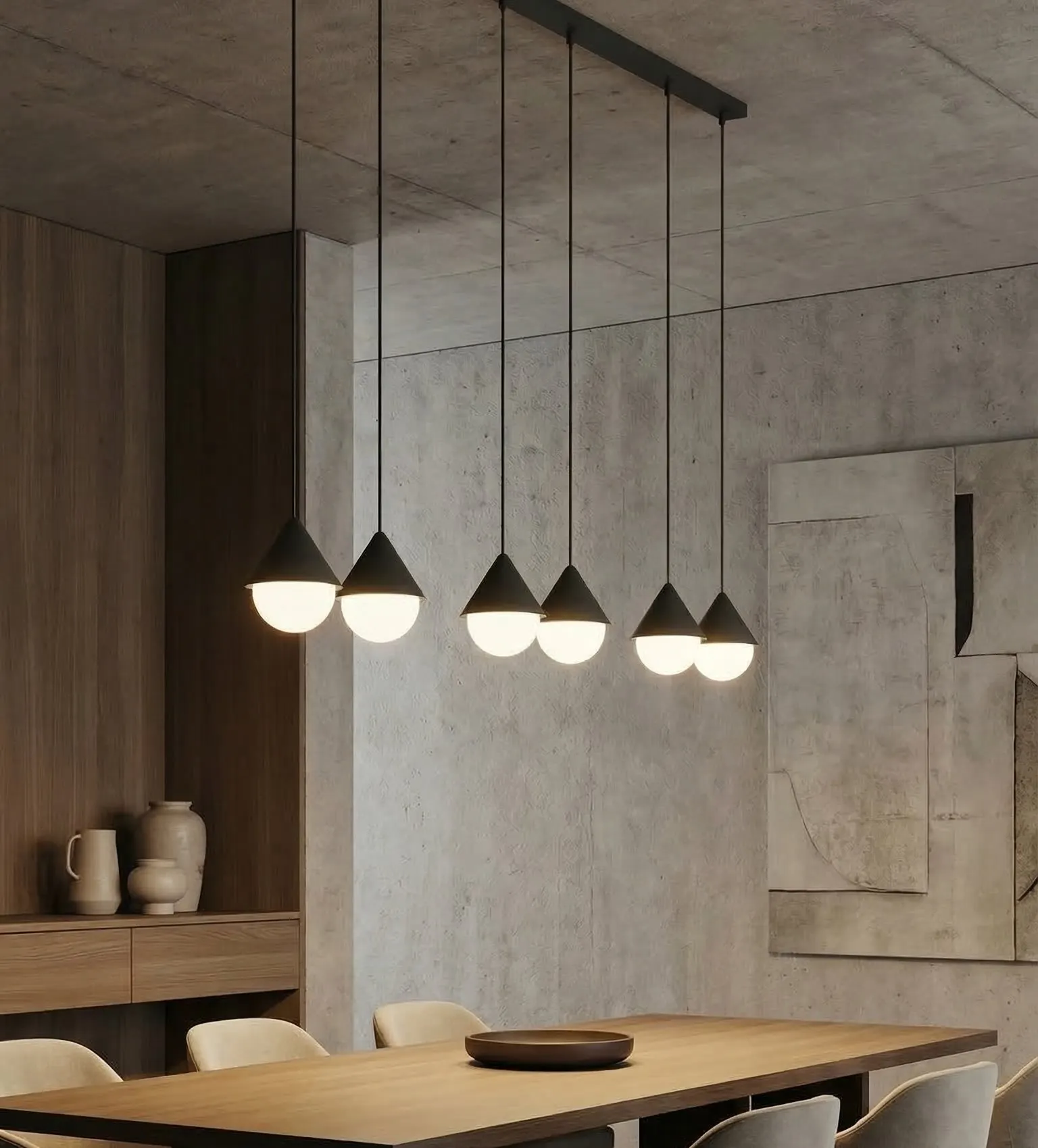 lampa wisząca, stół drewniany, konsola drewniana, kolory neutralne, wnętrze loftowe