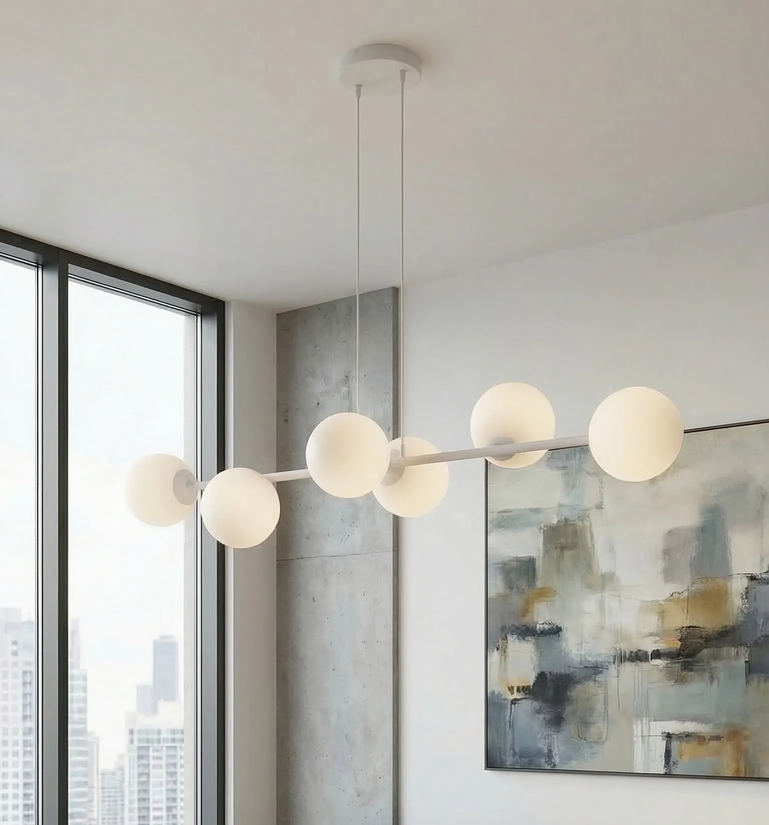 lampa wisząca, kule świetlne, oświetlenie sufitowe, minimalistyczny design, pokój dzienny