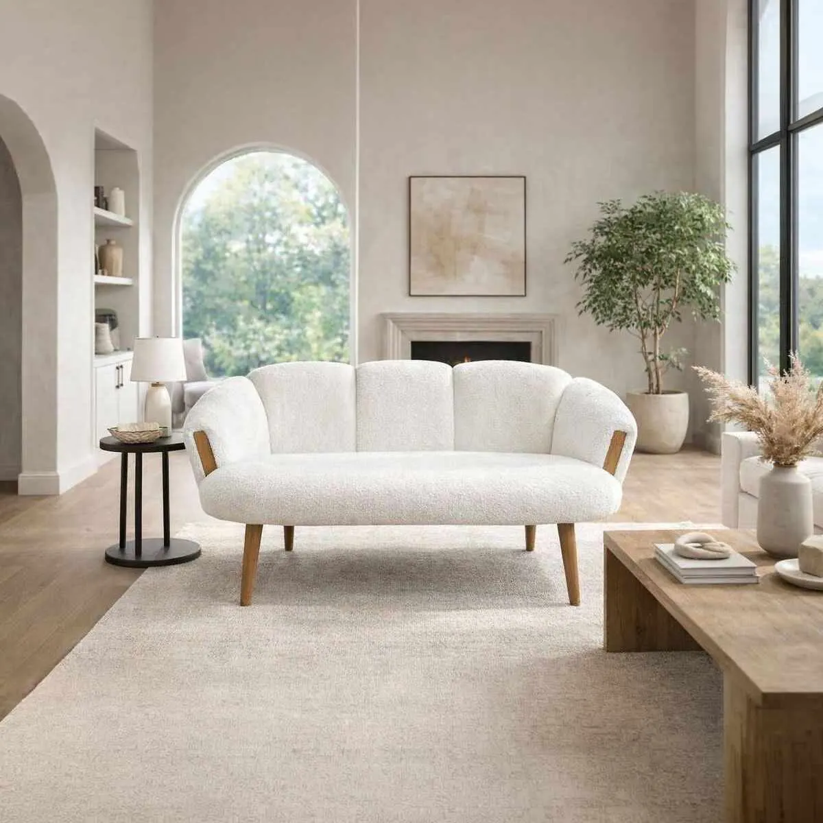 sofa, plecionowy oparcie, drewniane nóżki, salon, dodatkowy materiał kremowy