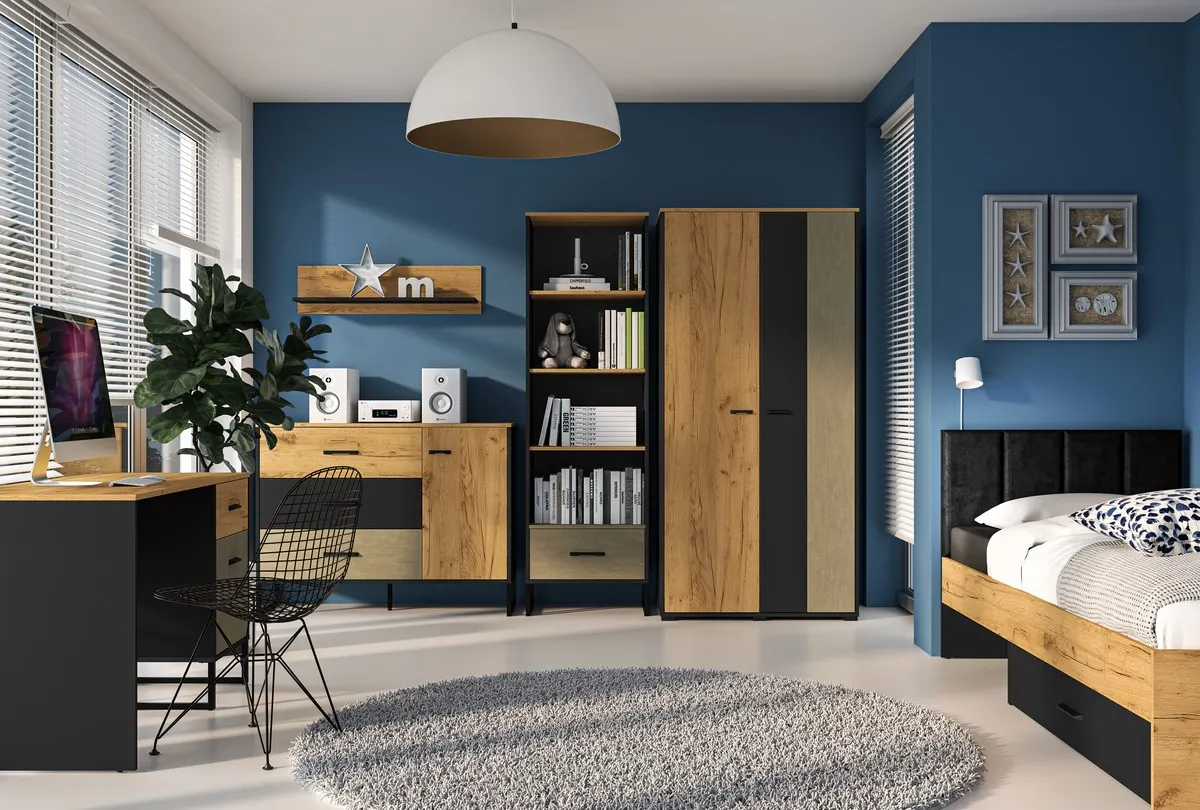 Biurko z szafką i szufladą Colt 07 dąb craft złoty, czarny, stal premium — zdjęcie 9