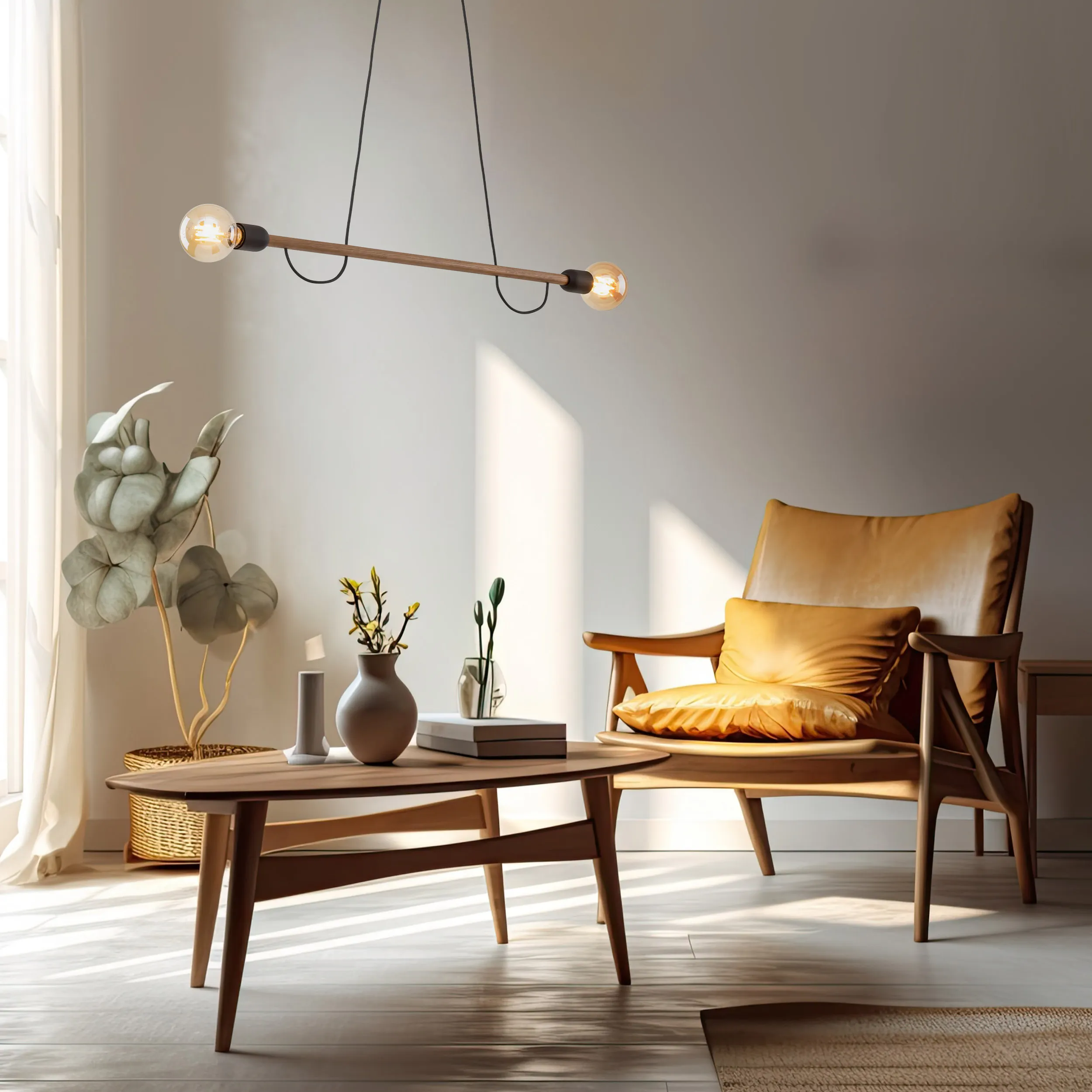 Lampa wisząca HELIX czarna z orzechową drewnianą belką 130x93x10cm - TK_4948