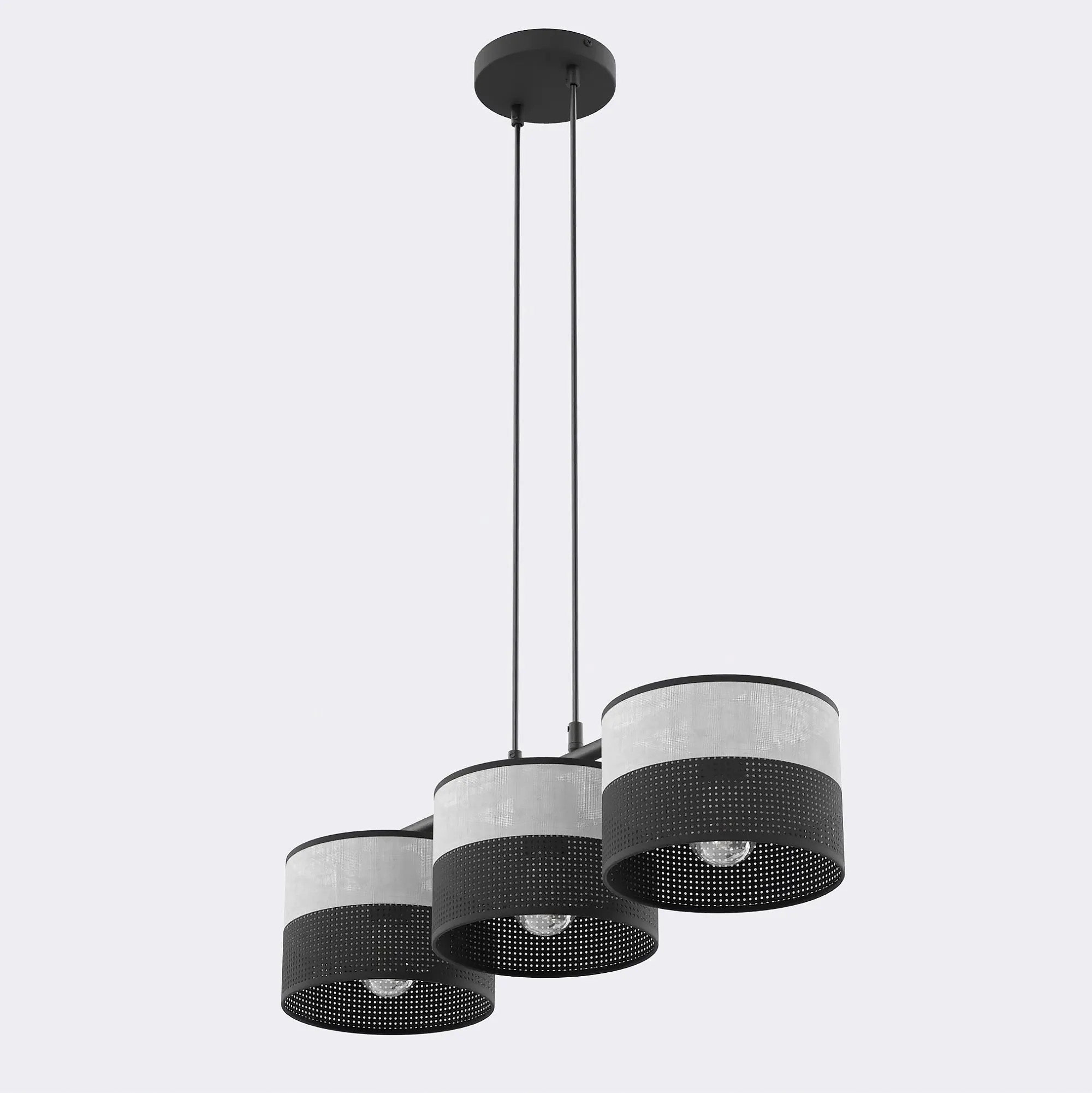 lampa wisząca, trzy plafony, metalowy kolor, czarne osłony, źródła LED