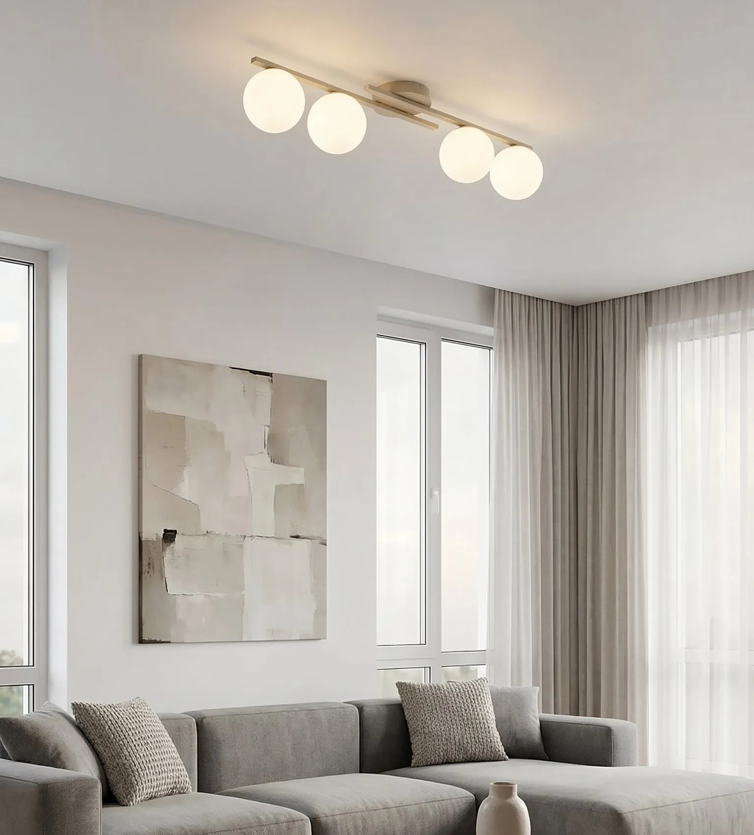 lampa sufitowa, kule LED, oświetlenie mieszkalne, salonowy design, skandynawski styl