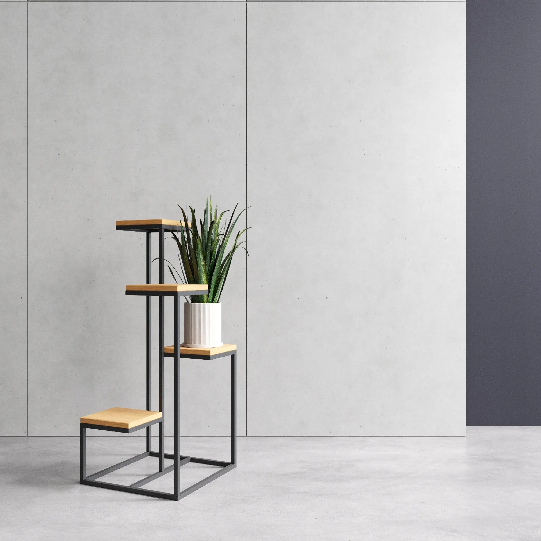 Kwietnik stojący 4-poziomowy LE MANS M metal drewno czarny naturalny - LD_TZ000047