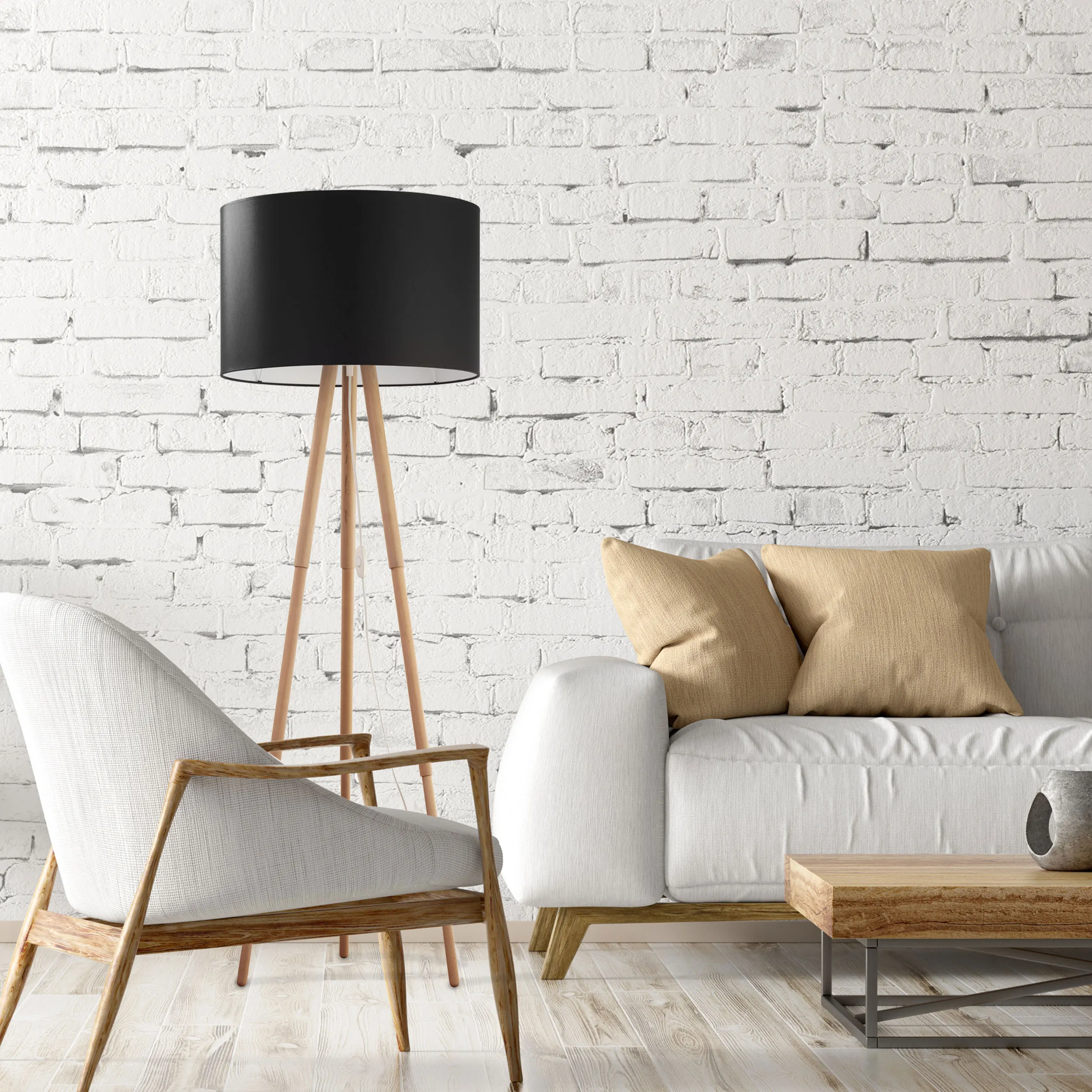 Lampa podłogowa TOKYO na jasnych sosnowych nogach czarny klosz biały wewnątrz 148x50cm - TK_5298