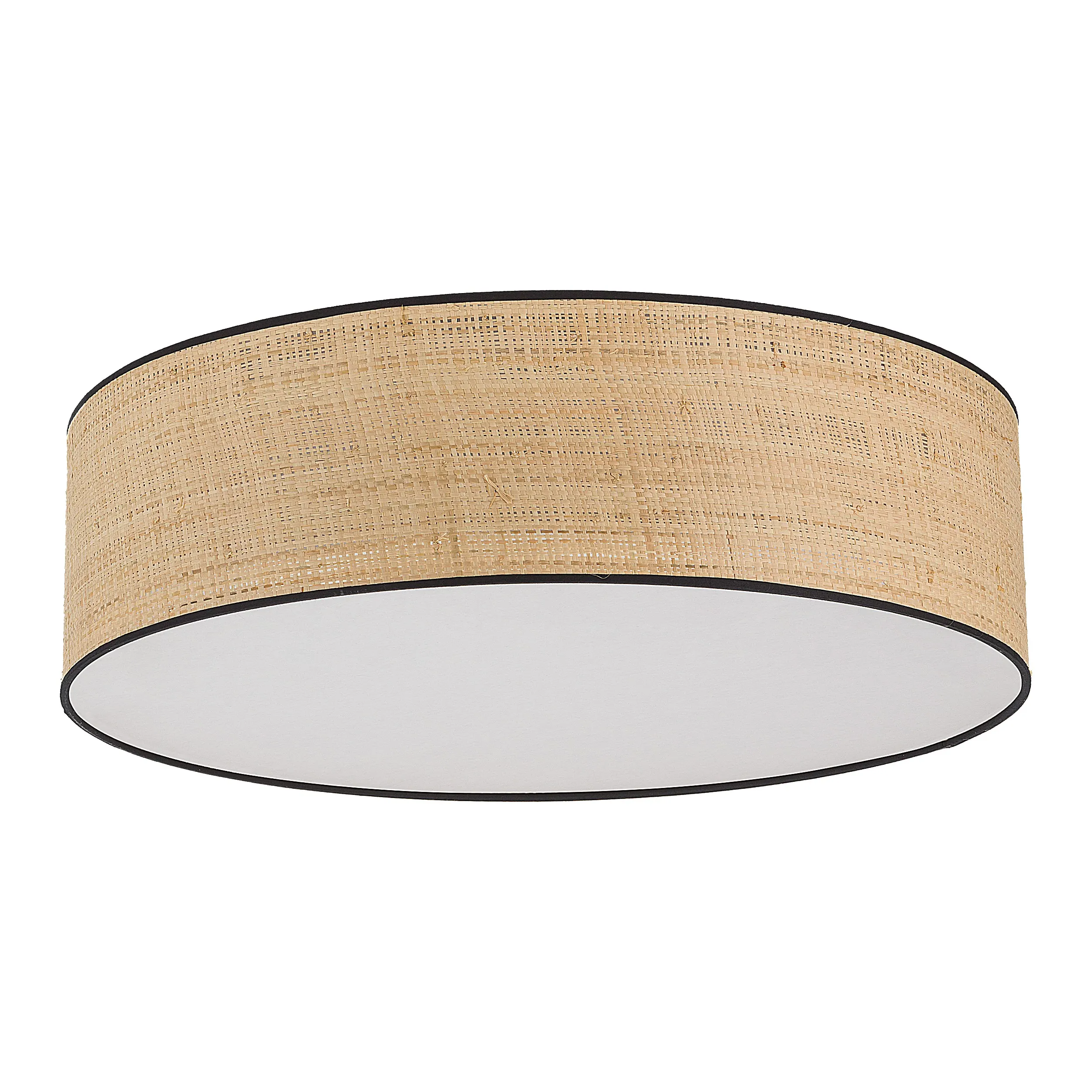Plafon LIBERIA beżowy z tkaniny z czarnymi pierścieniami i białym kloszem okrągły 60x15cm