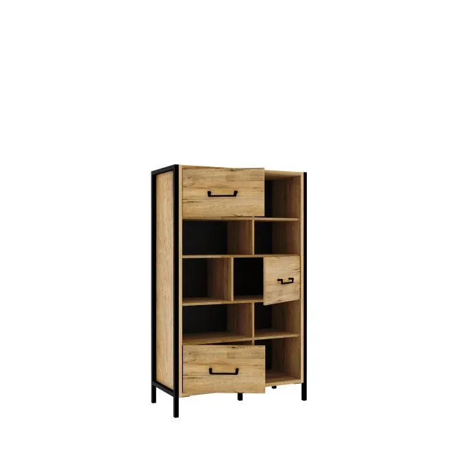 Regał niski z 3 szafkami ORIENTAL TREE Dąb Bartex, czarny - HUDR424-M524