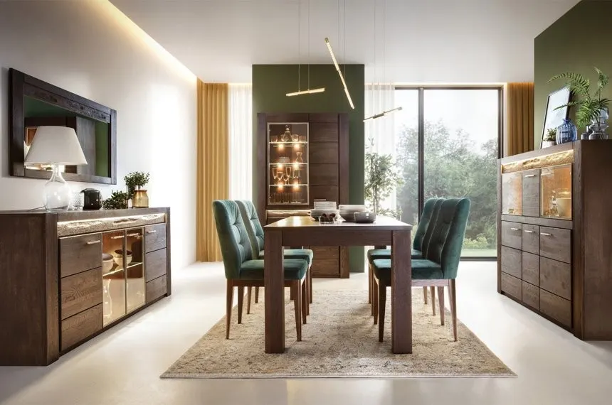 Komoda z witryną 4-drzwiowa VELVET 49 drewniana dąb rustical 201x88x42cm - TH-100-1421