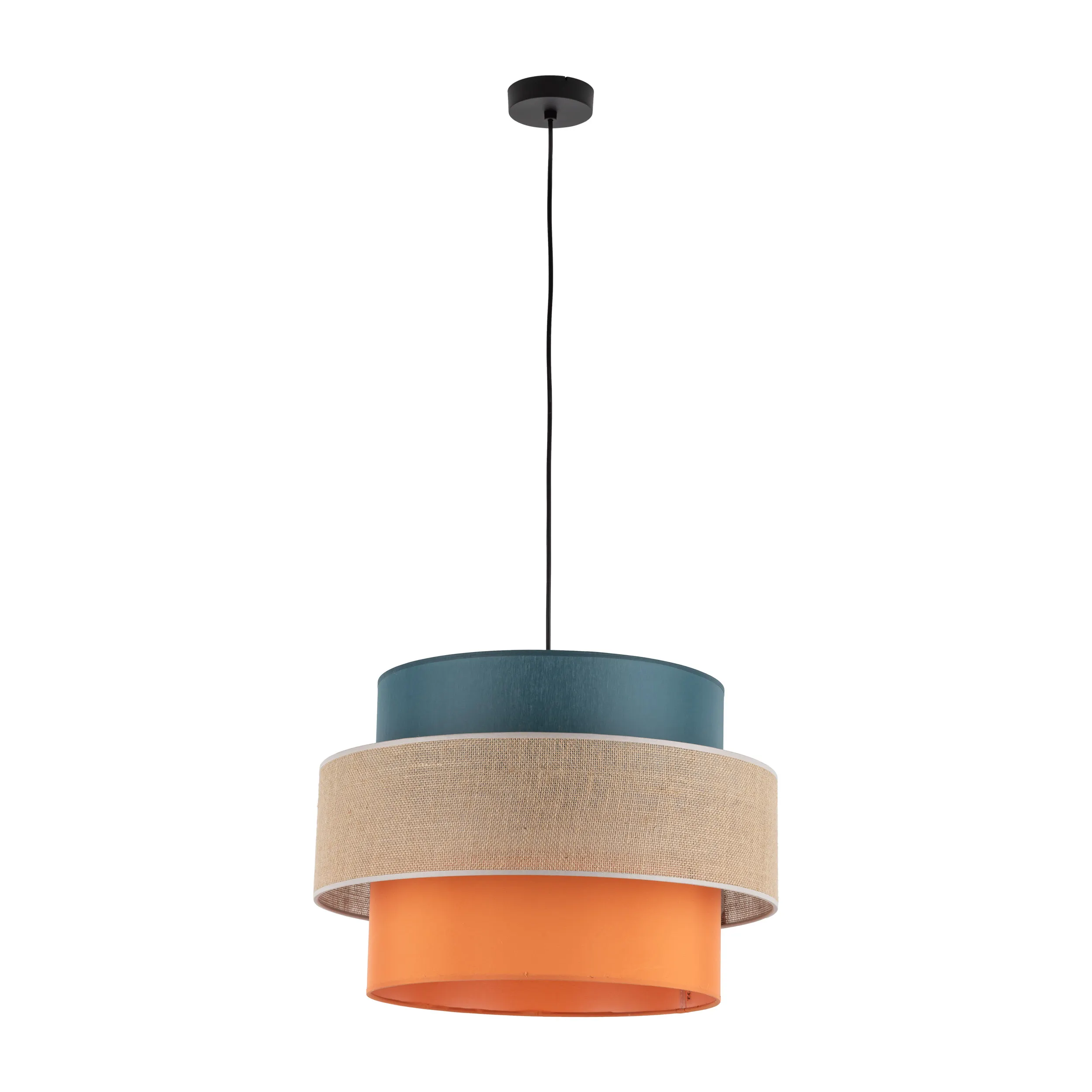Lampa wisząca TRIO JUTA MIX czarna z trójkolorowym niebieskim pomarańczowym brązowym okrągłym abażurem 160x50cm