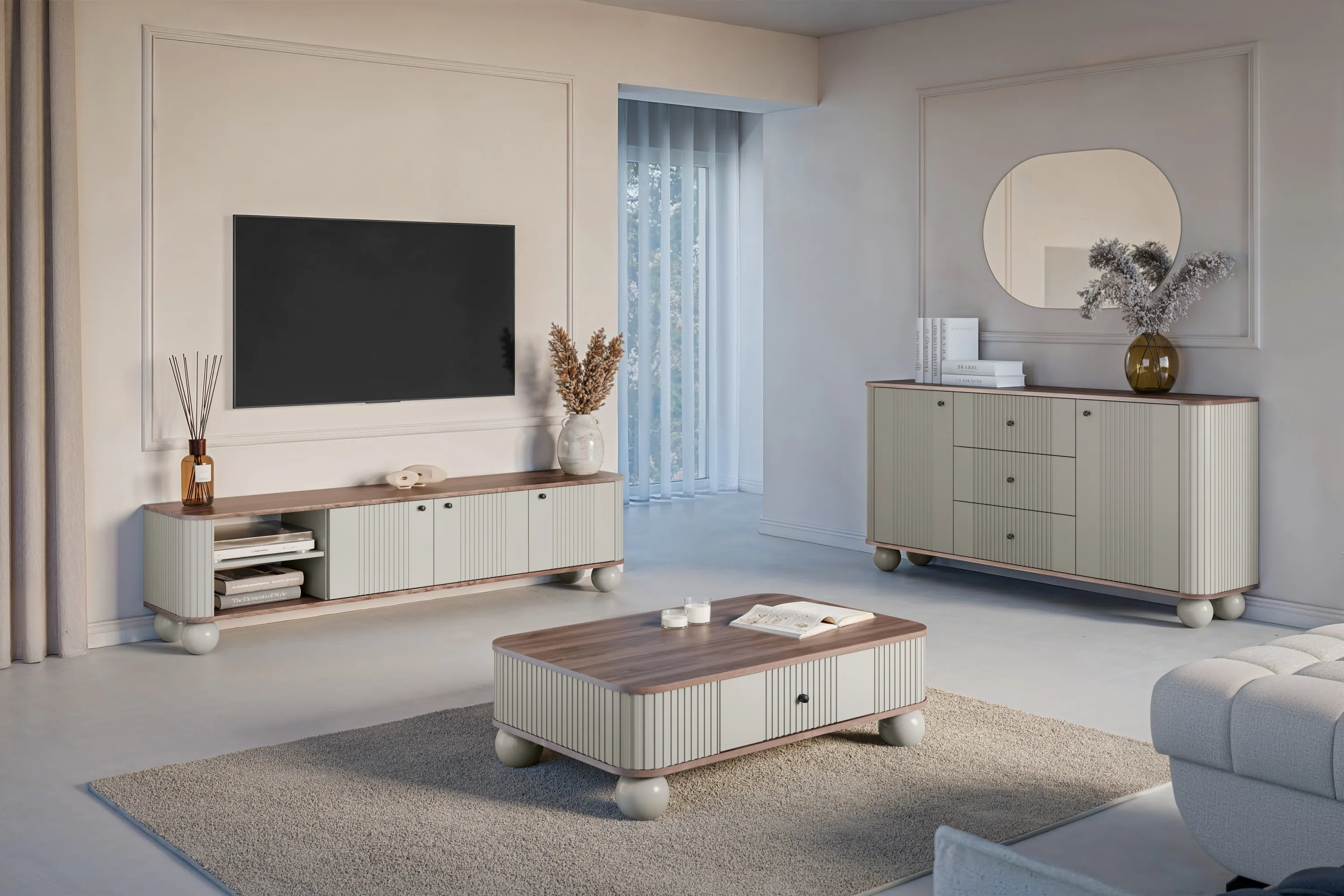 Komoda 2-drzwiowa z 3 szufladami VESPER 160 ryflowany front cashmere orzech czarne uchwyty nogi kule - B_163610